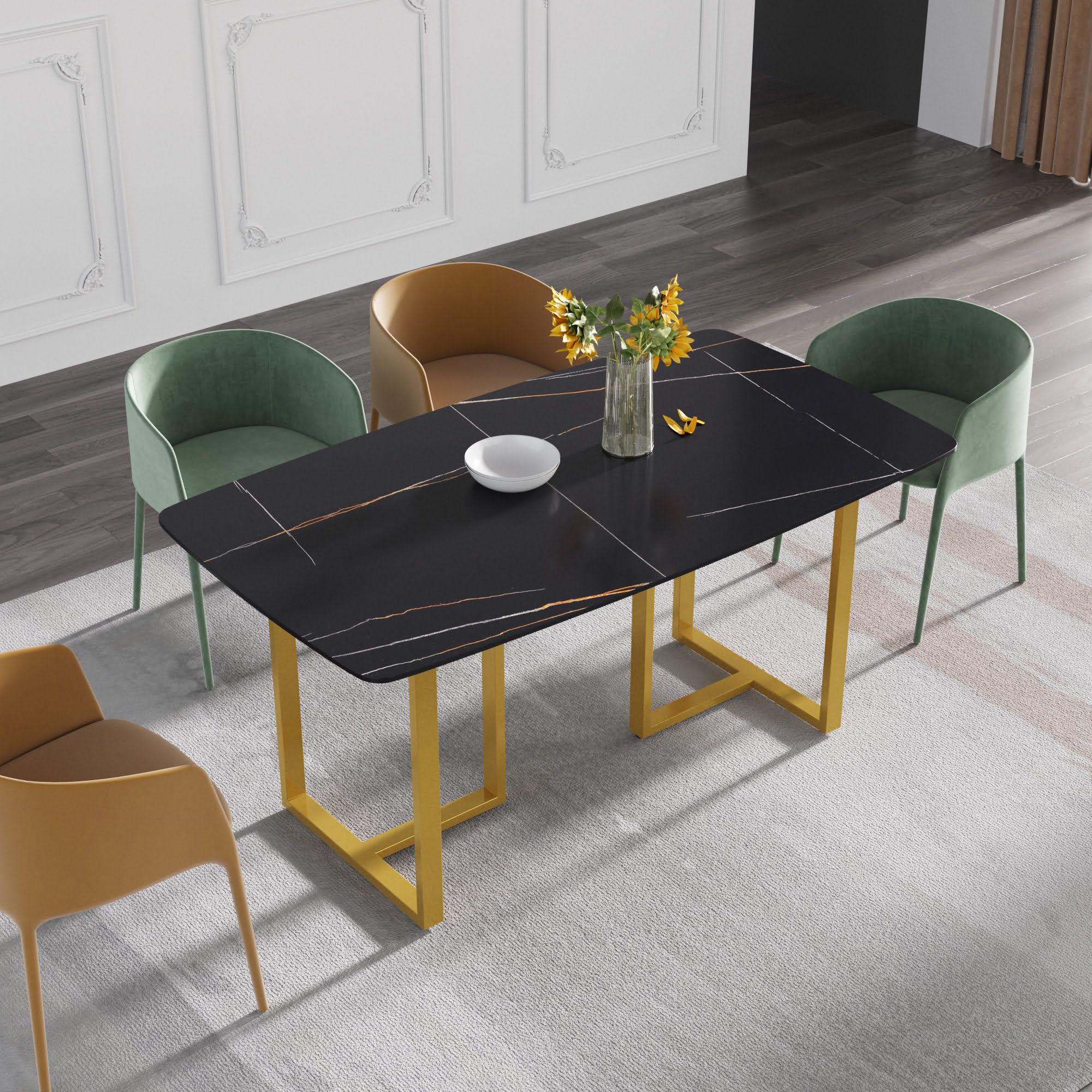 Crenus Pietra Curved Rectangular Dining Table - Black/Gold, 63"