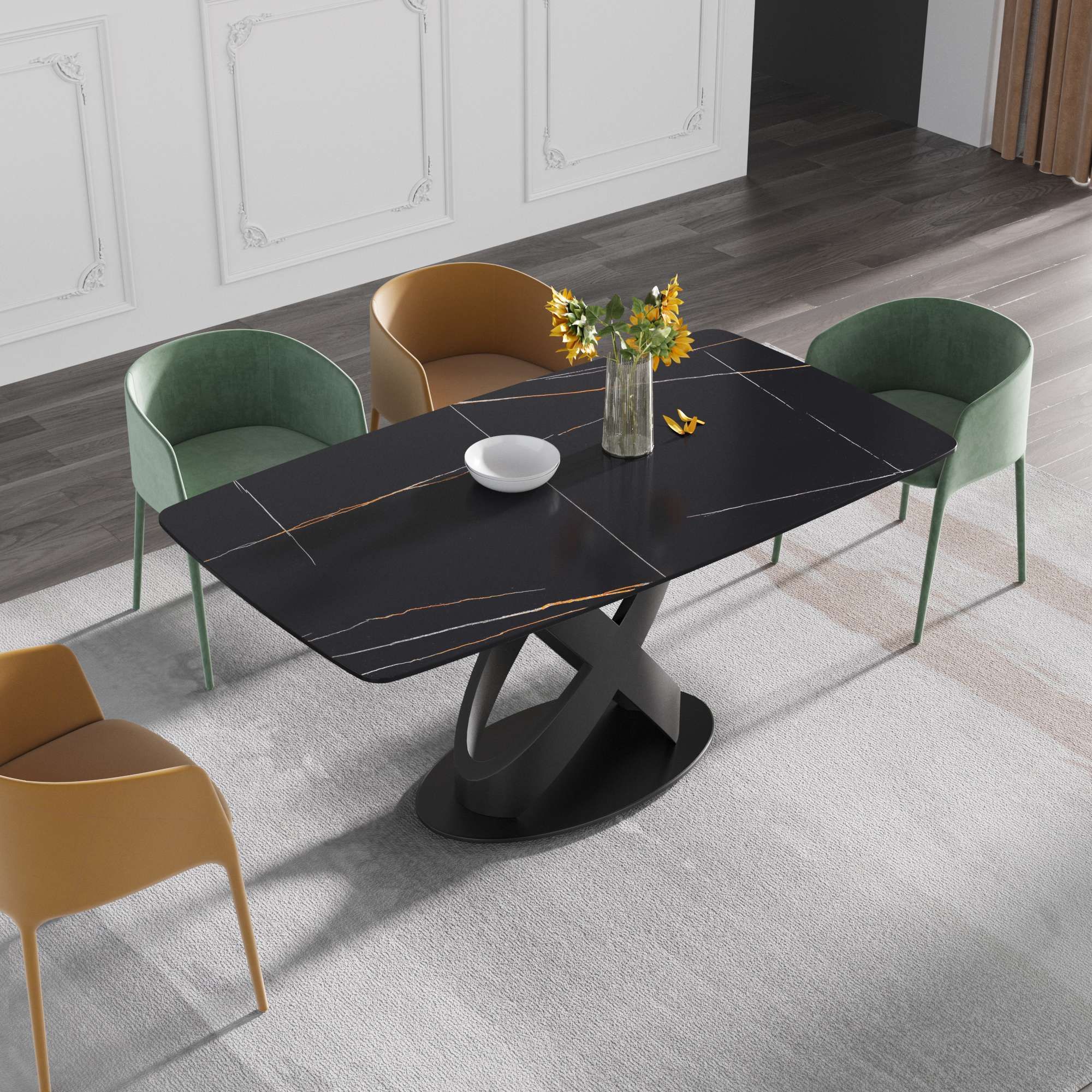 Crenus Luserna Curved Rectangular Dining Table - Black/Gold, 63"