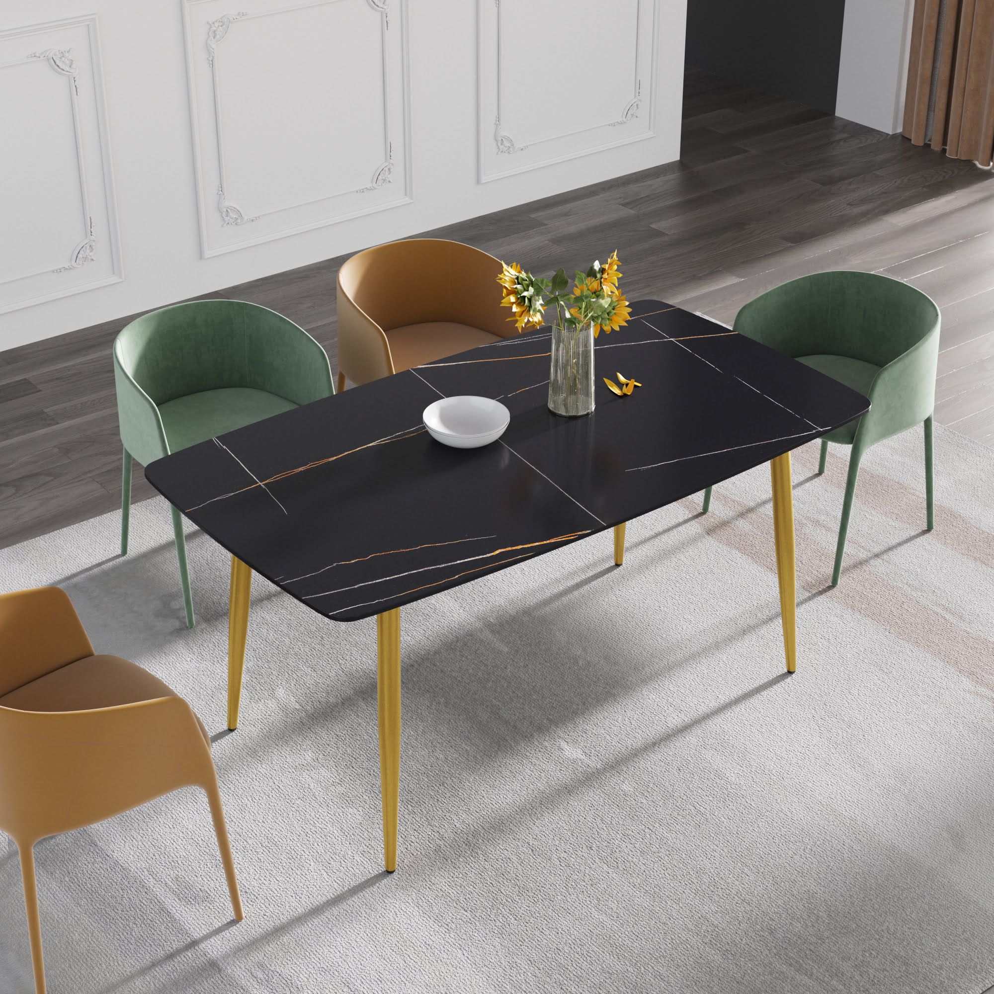 Crenus Cavaliere Curved Rectangular Dining Table - Gray/Gold, 63"