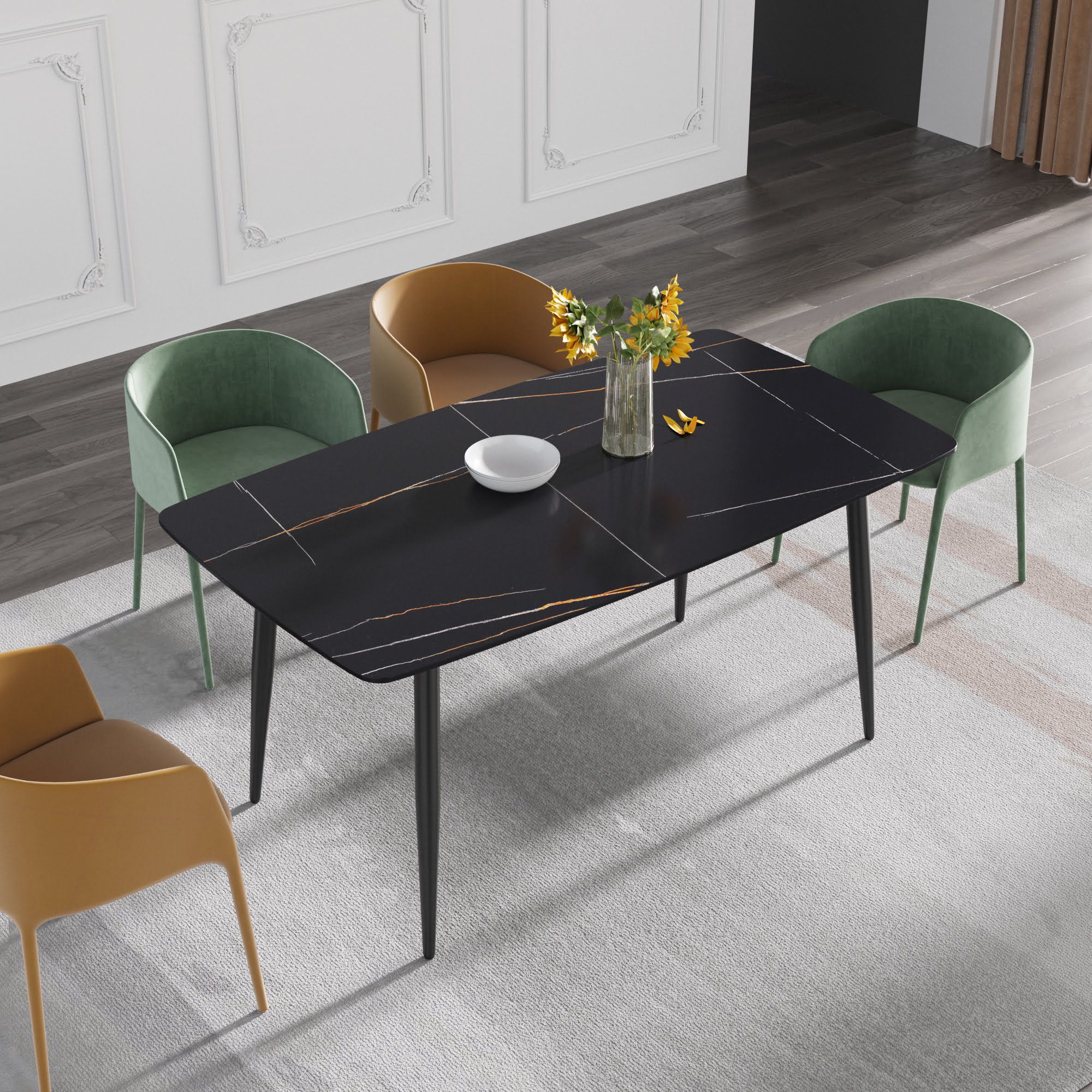 Crenus Cavaliere Curved Rectangular Dining Table - Gray/Gold, 63"