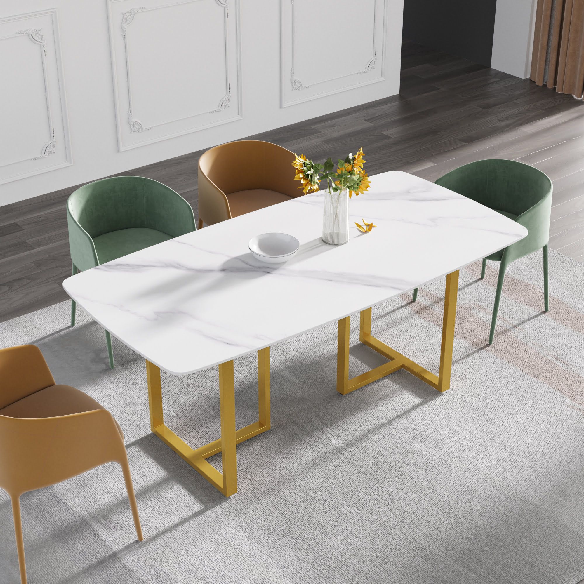 Crenus Pietra Curved Rectangular Dining Table - White/Gold, 63"