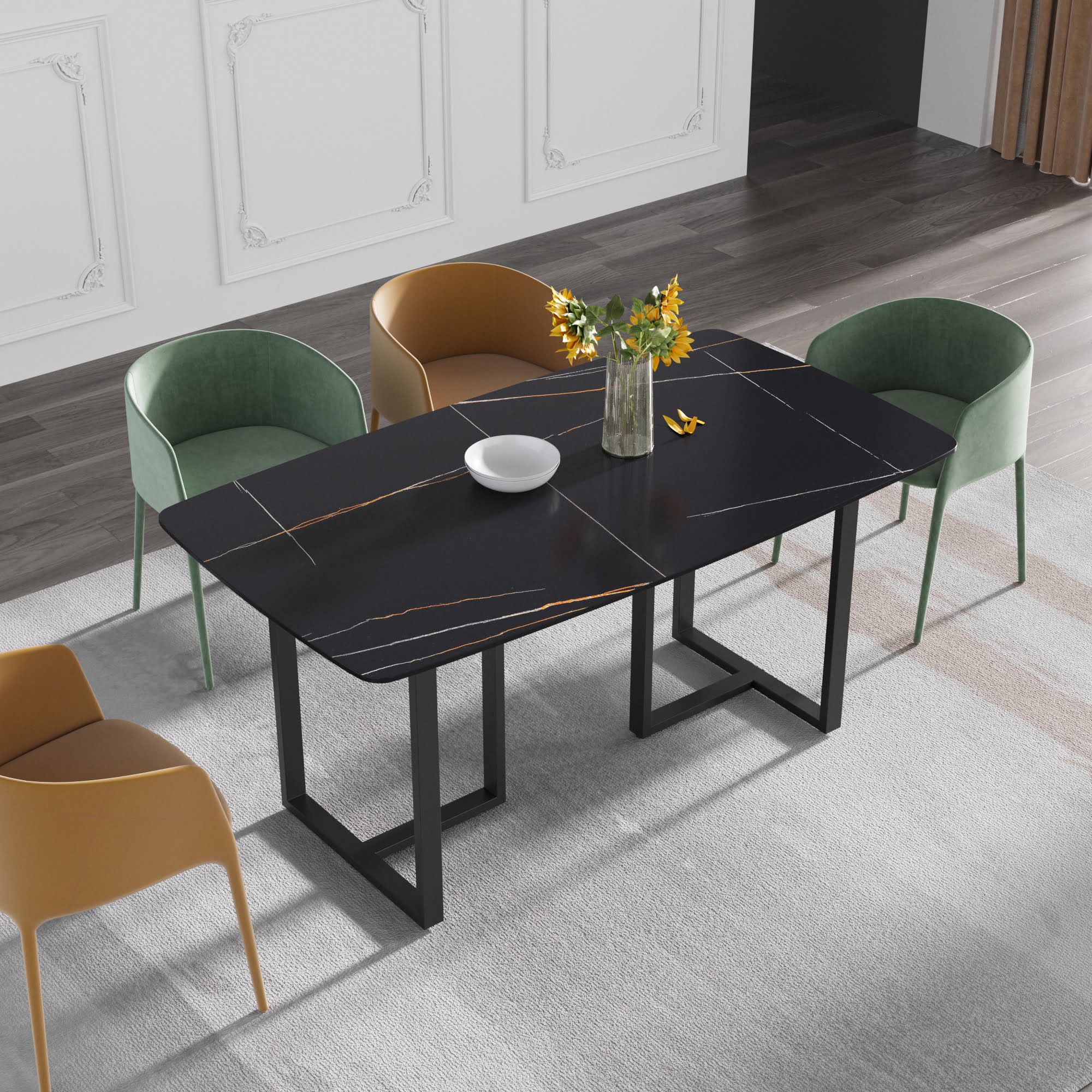 Crenus Pietra Curved Rectangular Dining Table - White/Gold, 63"