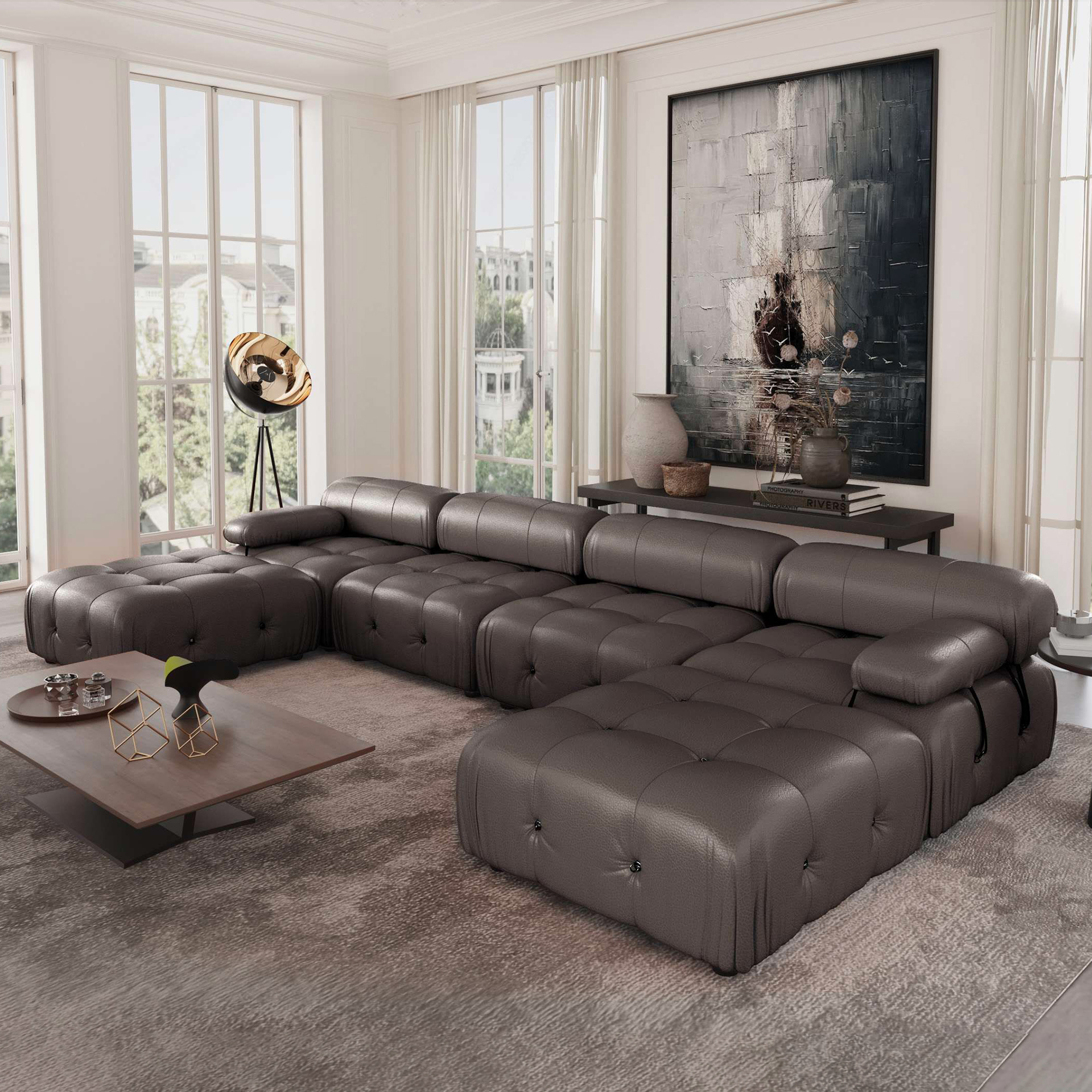 Crenus Lusso 138.60" U-Shaped Leather Sectional Sofa Lounge With 2 Ottomans - Brown