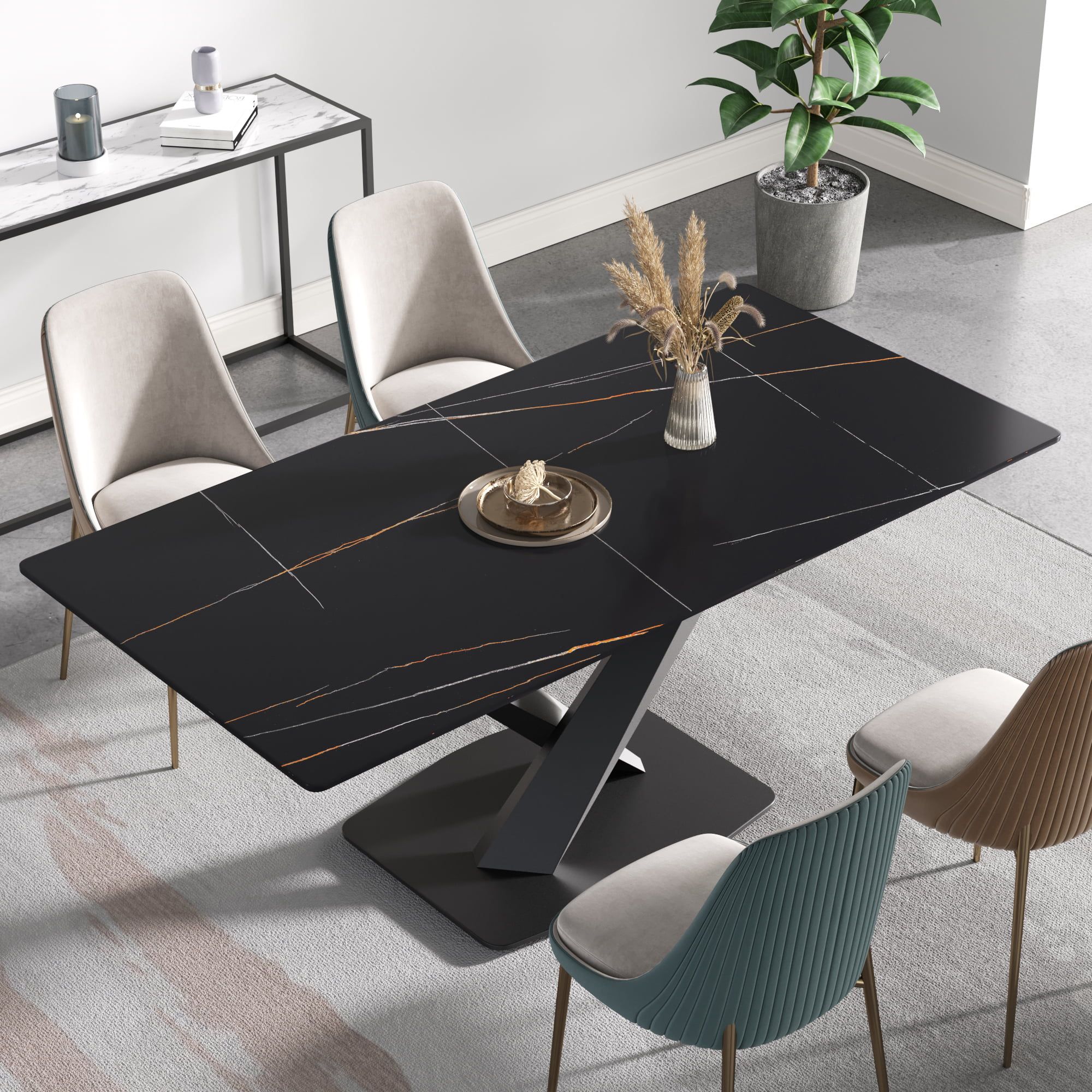 Crenus Pietra Rectangular Dining Table - White/Gold, 63"