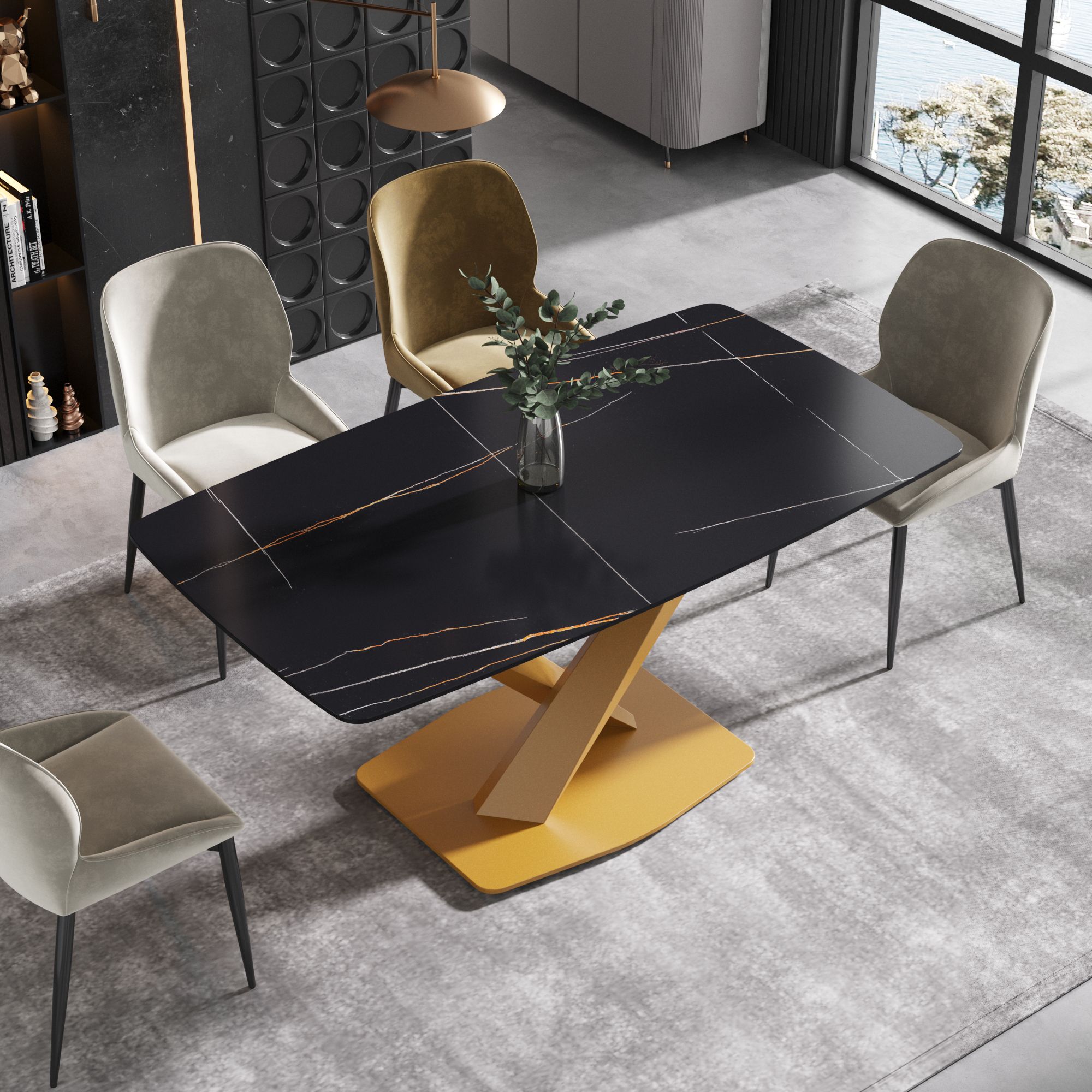 Crenus Lavina Curved Rectangular Dining Table - White/Black, 63”