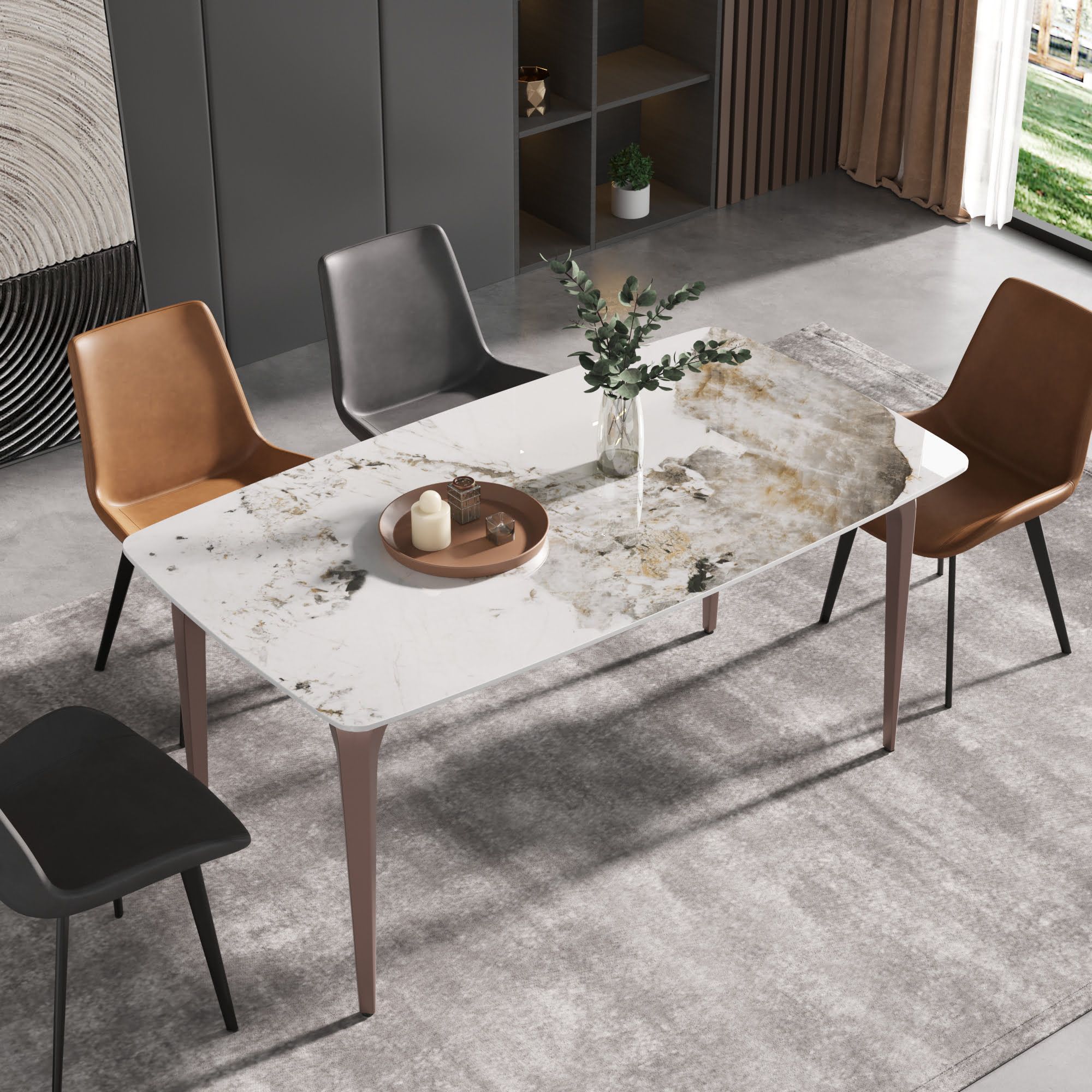 Crenus Sicilia Curved Rectangular Dining Table - White/Black, 70.87''