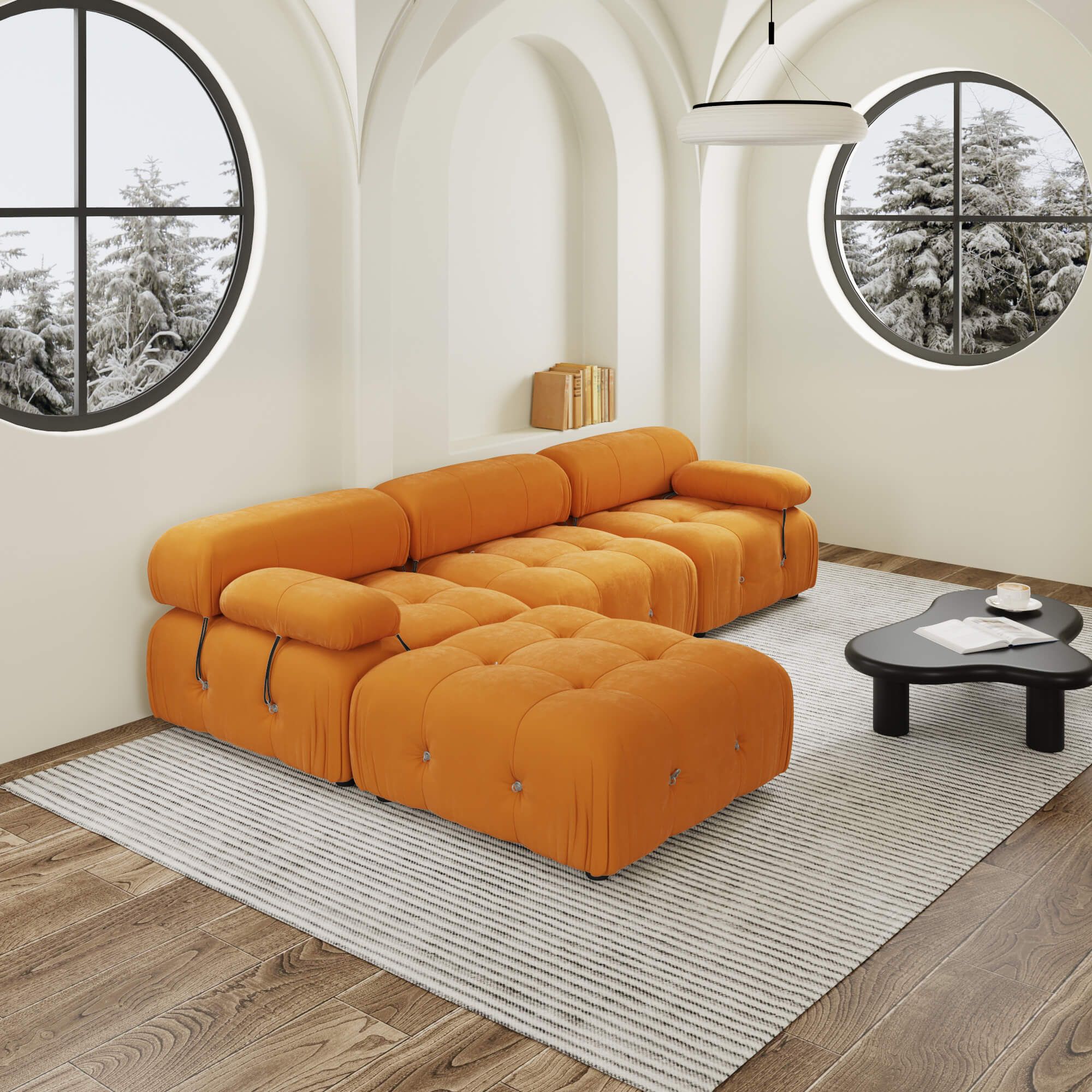 Crenus Lusso 103.95" L-Shaped Velvet Sectional Sofa With Ottoman - Orange