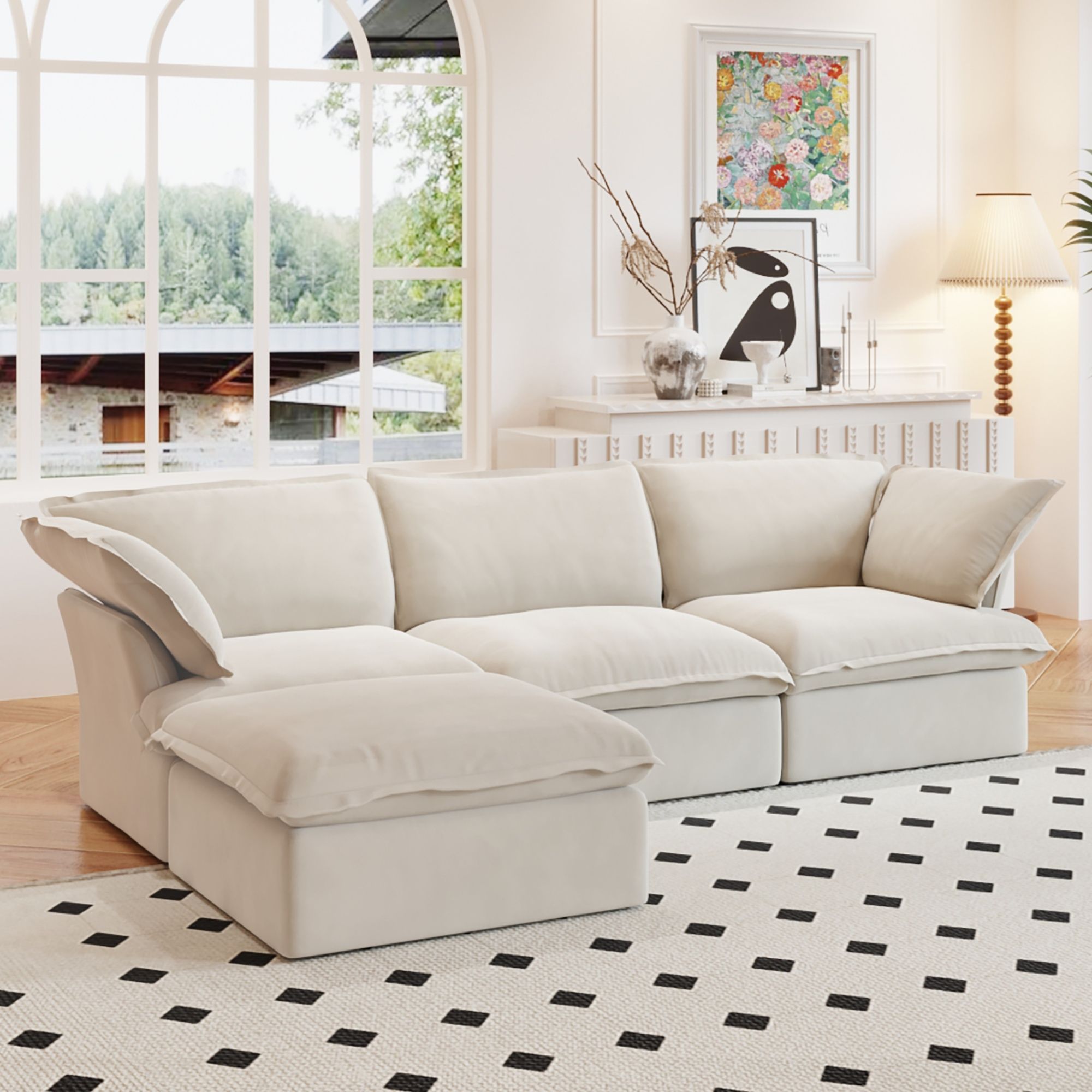 Crenus - Softspot 122.82" Linen Sectional Sofa-3 Seats with 1 Ottoman