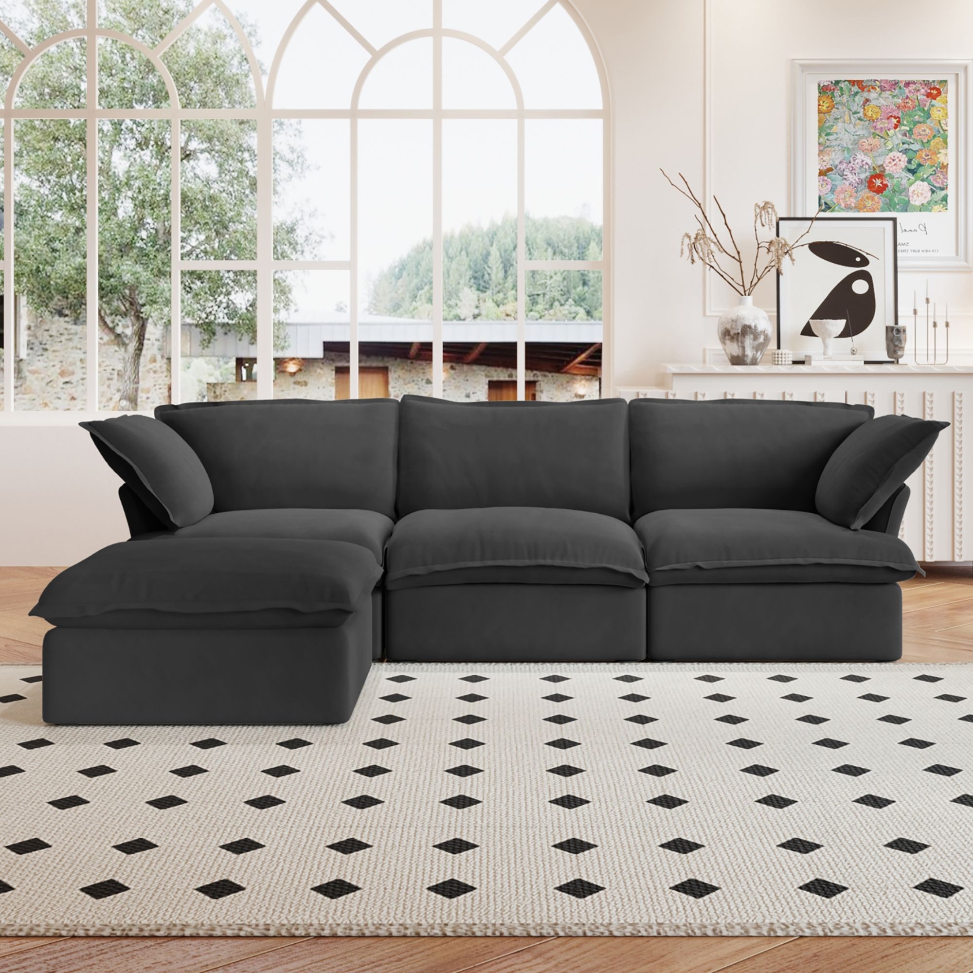 Crenus - Softspot 122.82" Linen Sectional Sofa-3 Seats with 1 Ottoman