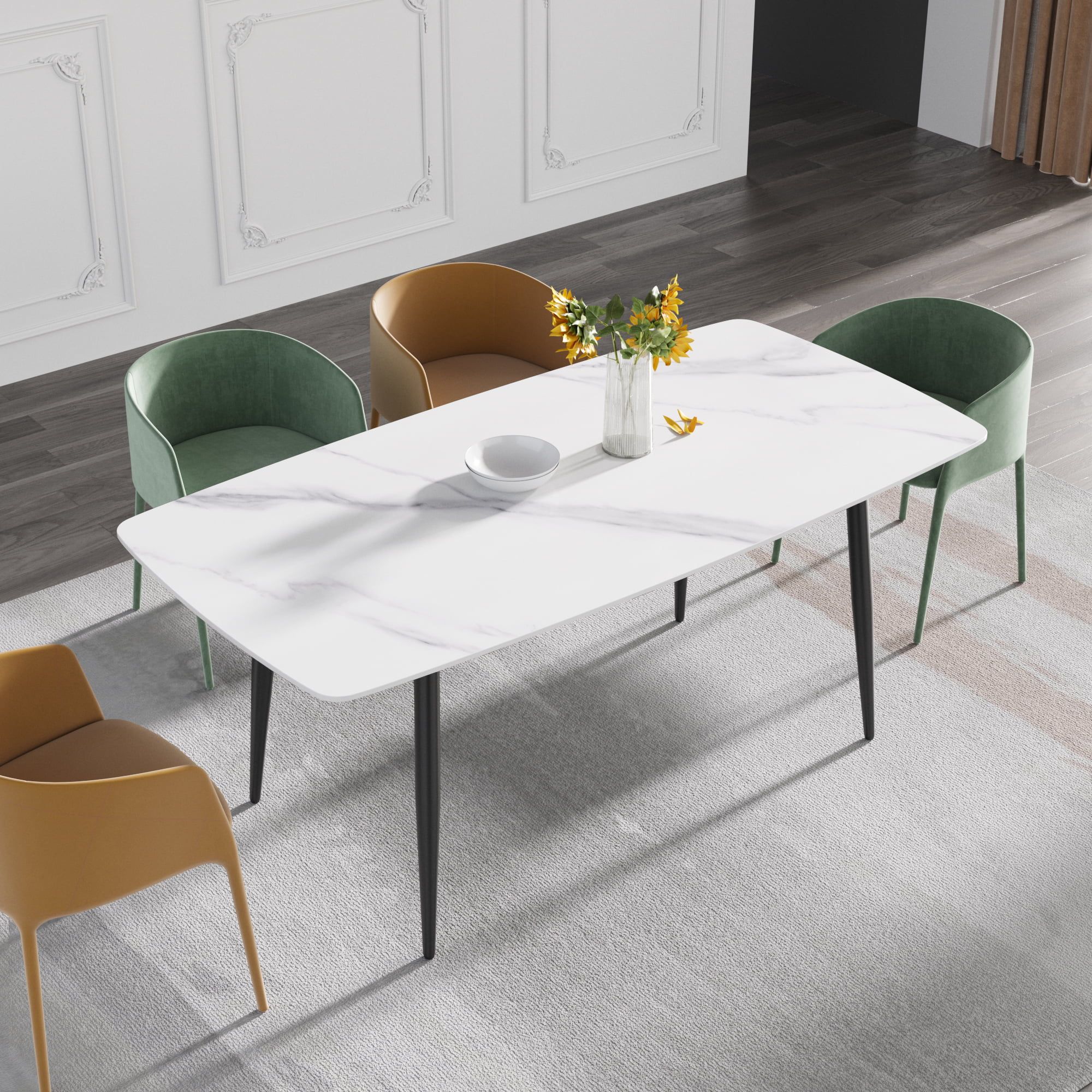 Crenus Cavaliere Curved Rectangular Dining Table - Black/Gold, 70.87''