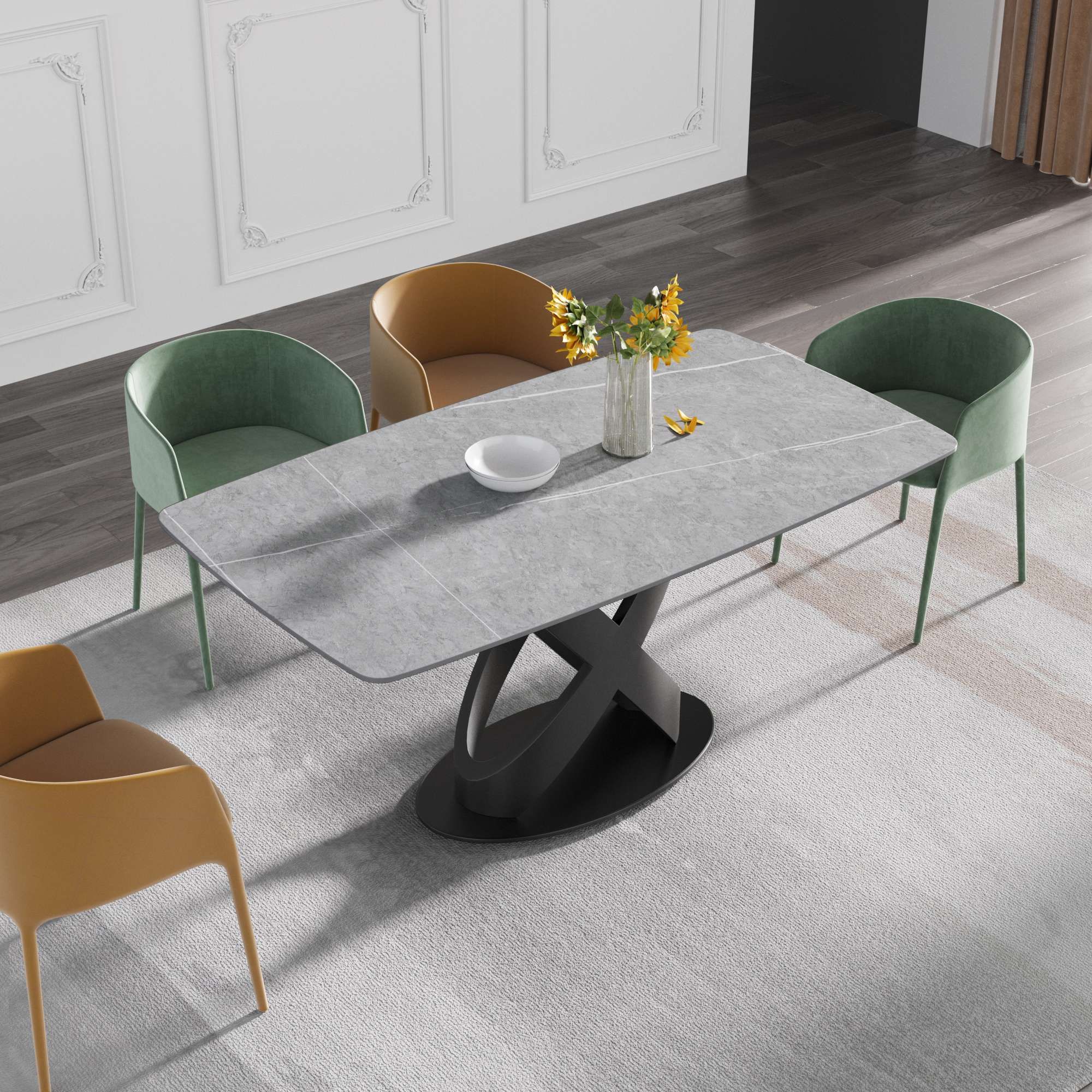 Crenus Luserna Curved Rectangular Dining Table - Black, 63"