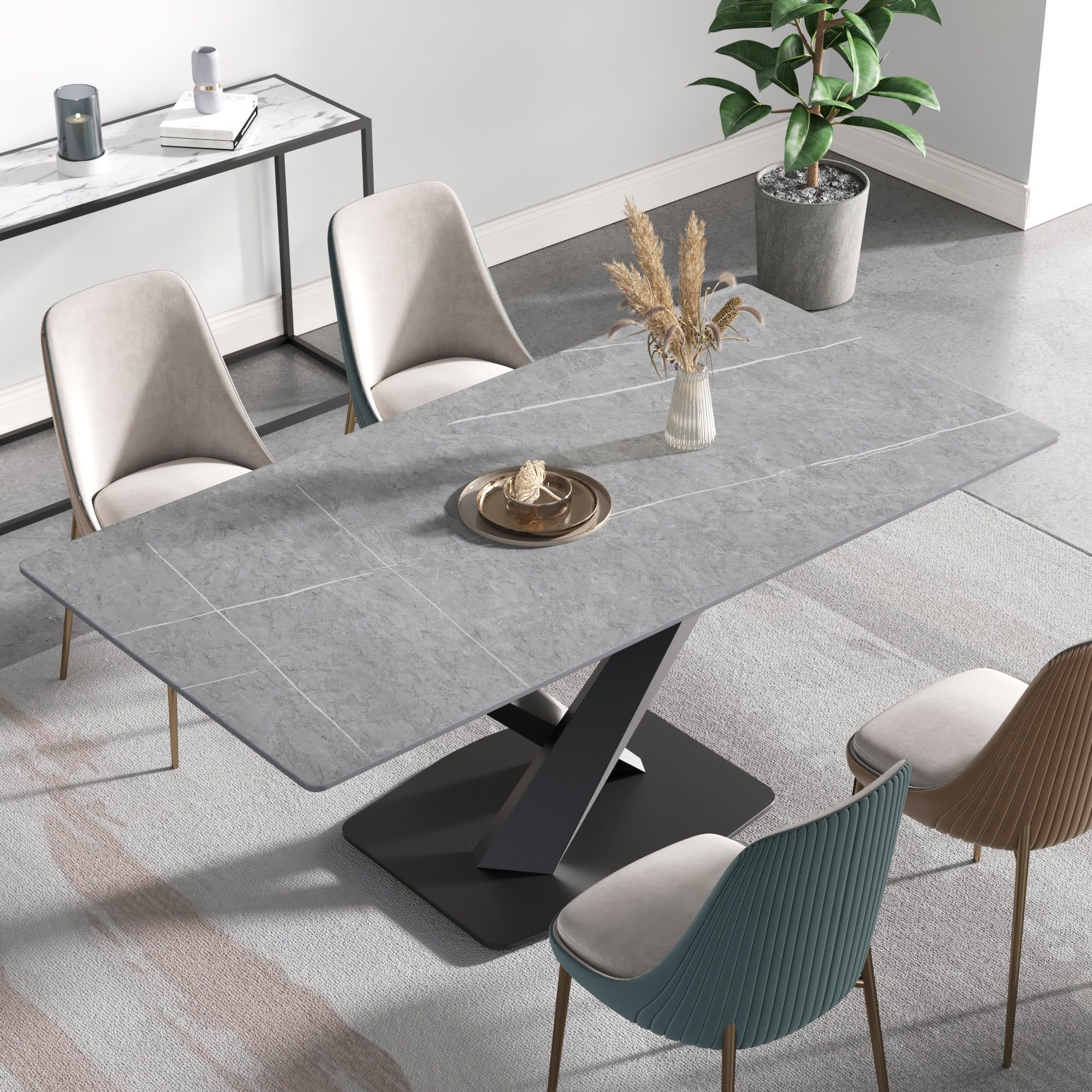 Crenus Pietra Rectangular Dining Table - Gray/Gold, 63"
