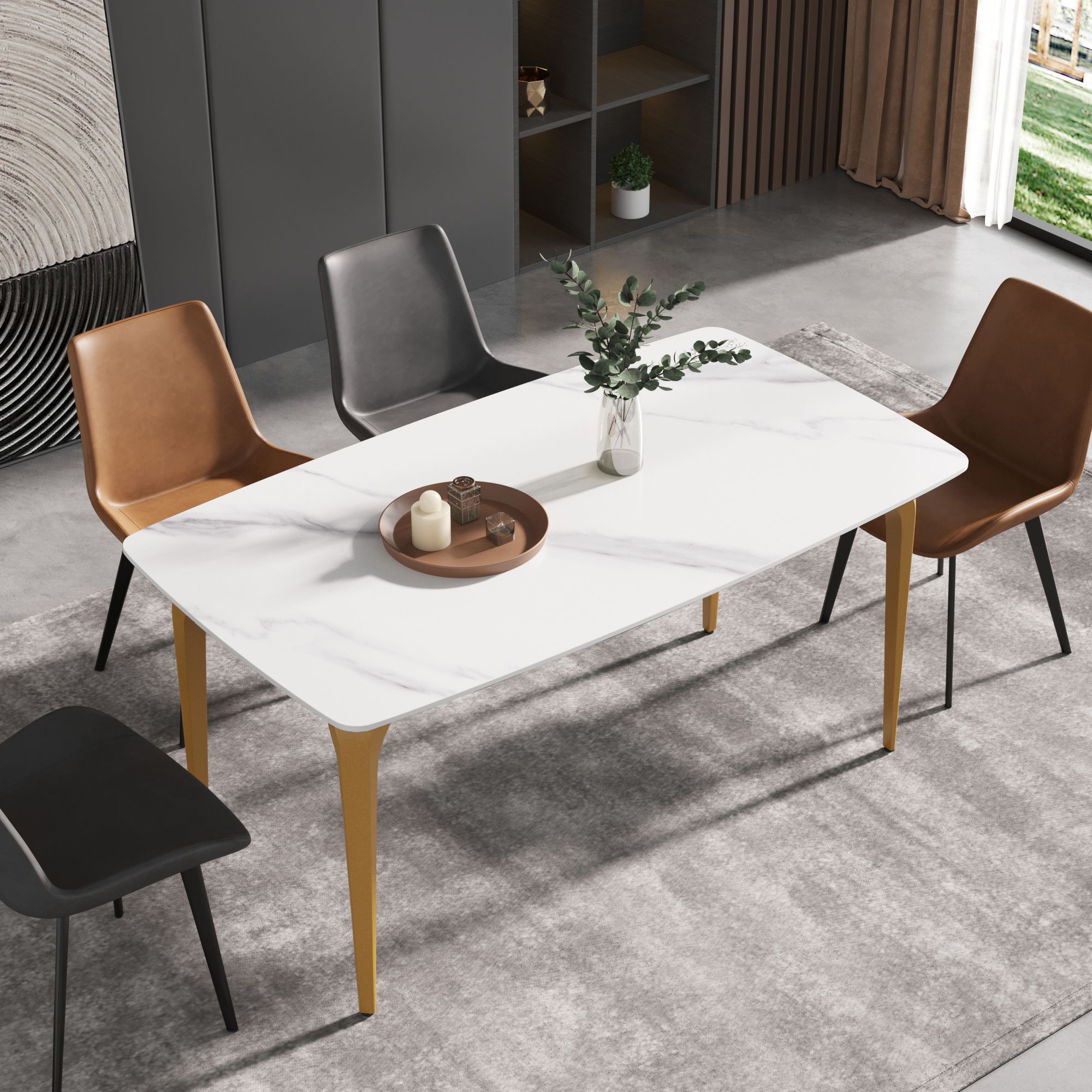 Crenus Sicilia Curved Rectangular Dining Table - Pandora/Gold, 70.87''