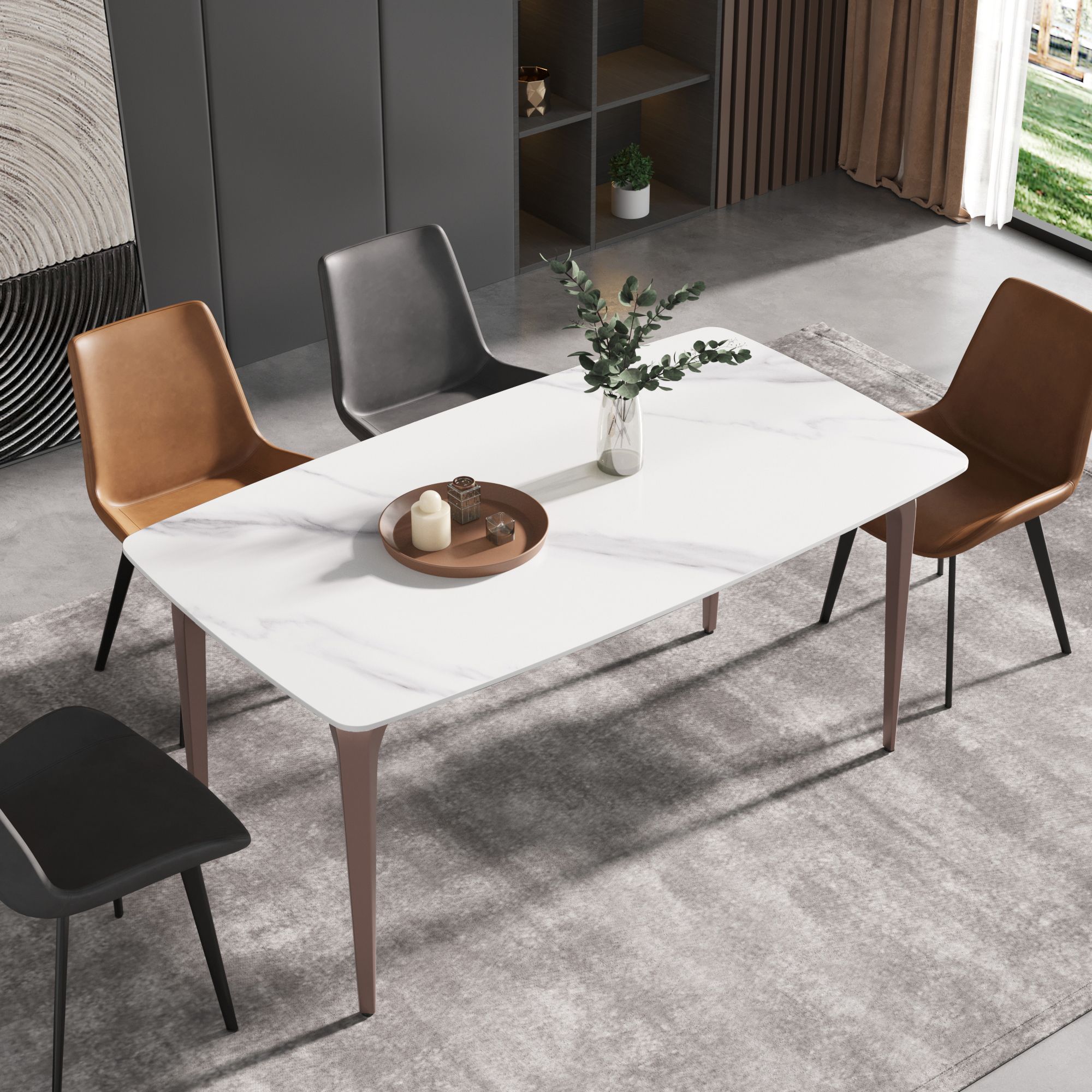 Crenus Sicilia Curved Rectangular Dining Table - Pandora/Gold, 70.87''