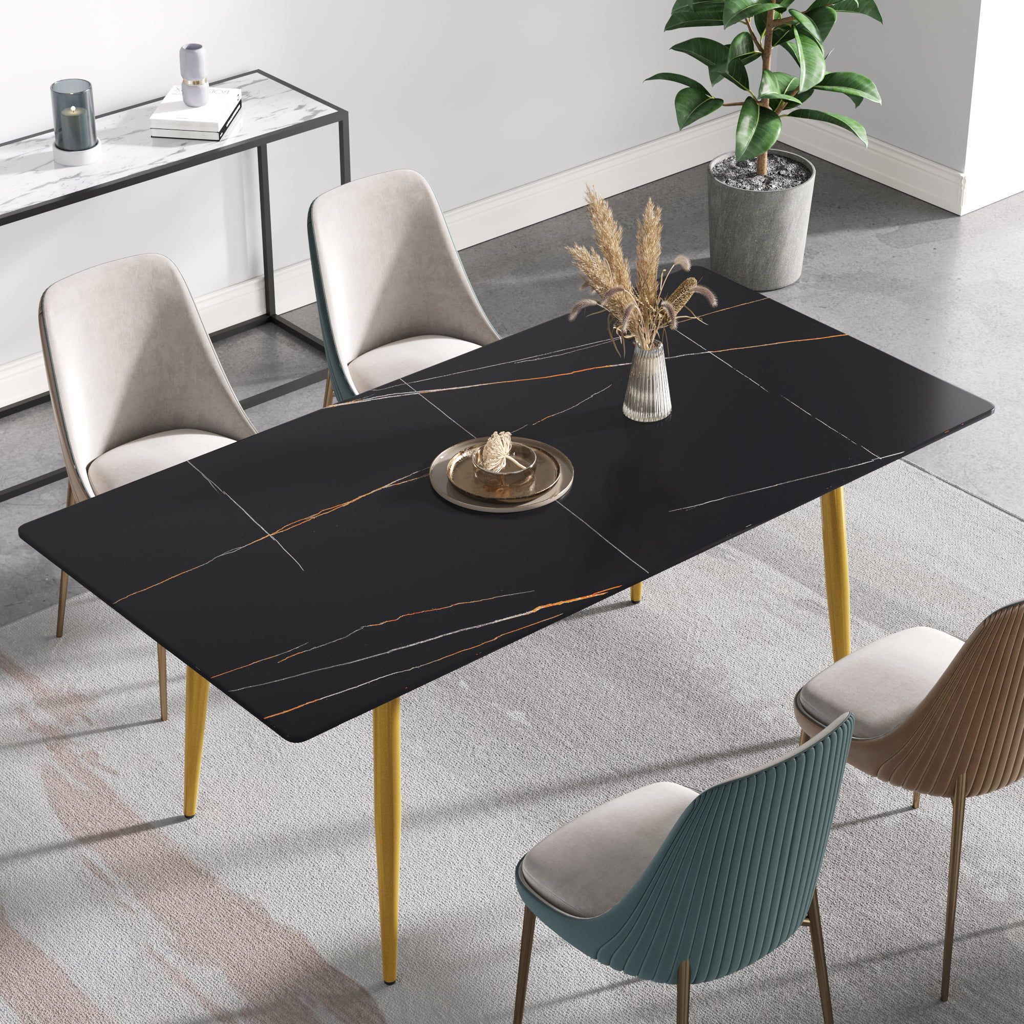 Crenus Sophia Rectangular Dining Table - Black/Gold, 63"