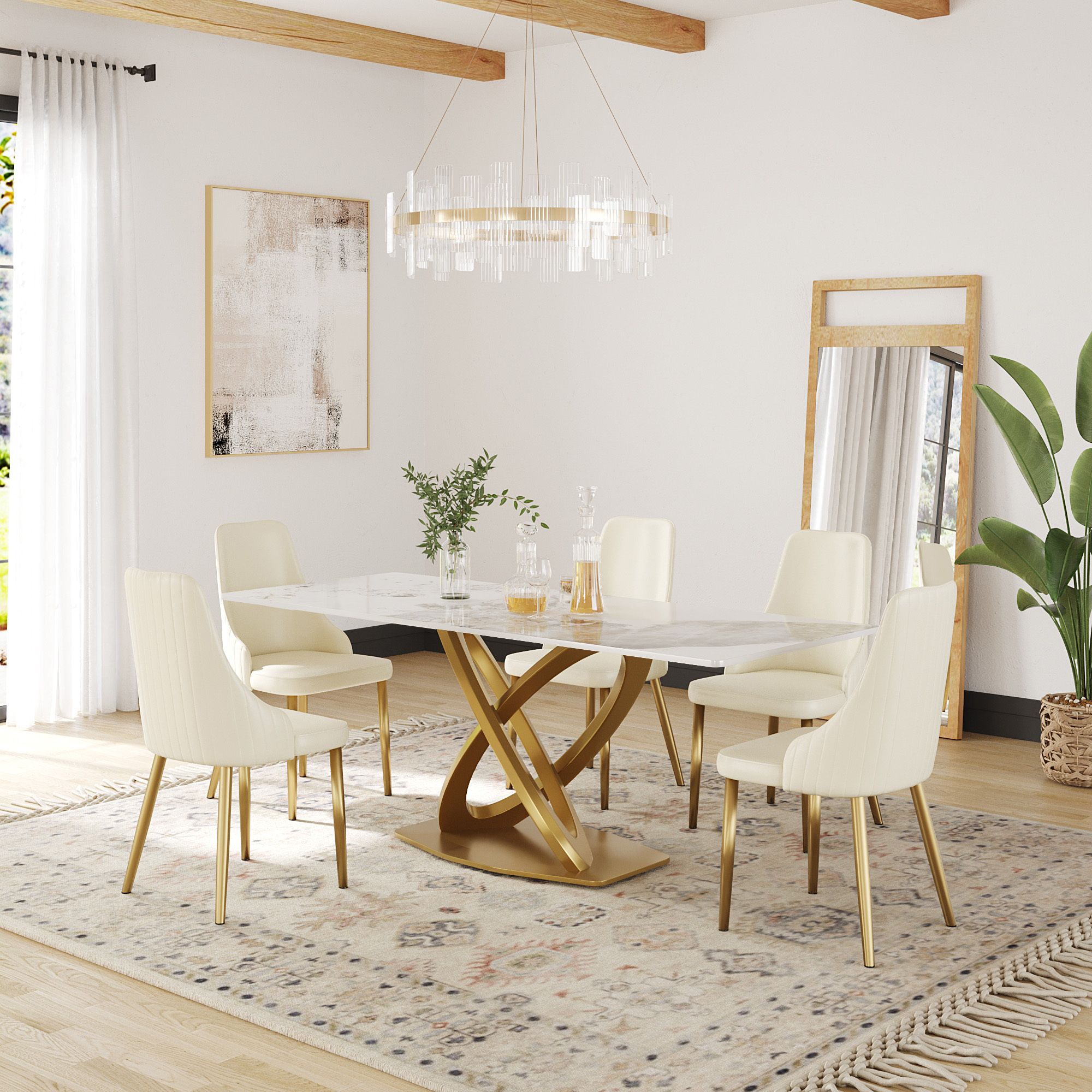 Crenus Marmo Dorato Rectangular Dining Table - White/Gold