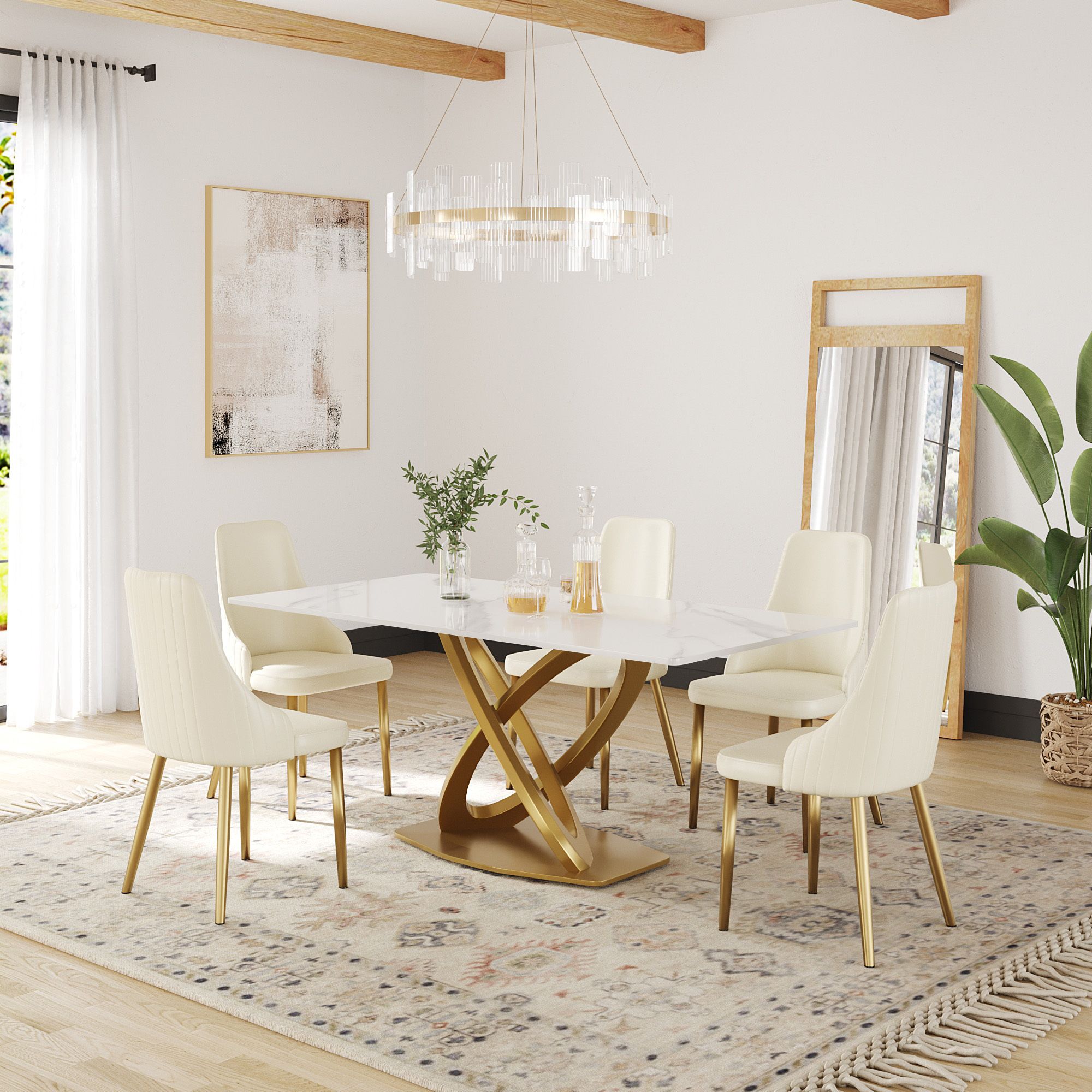 Crenus Marmo Dorato Rectangular Dining Table - White/Gold