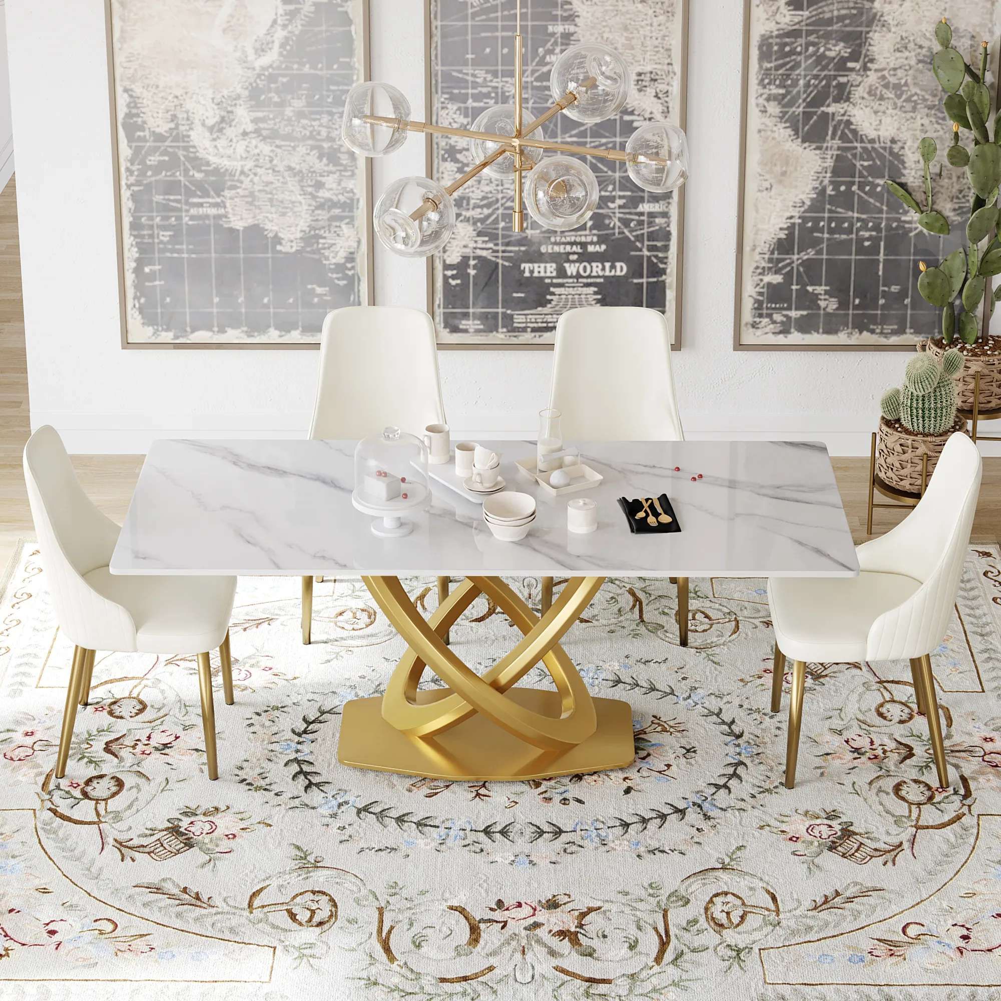 Crenus Marmo Dorato Rectangular Dining Table - White/Gold
