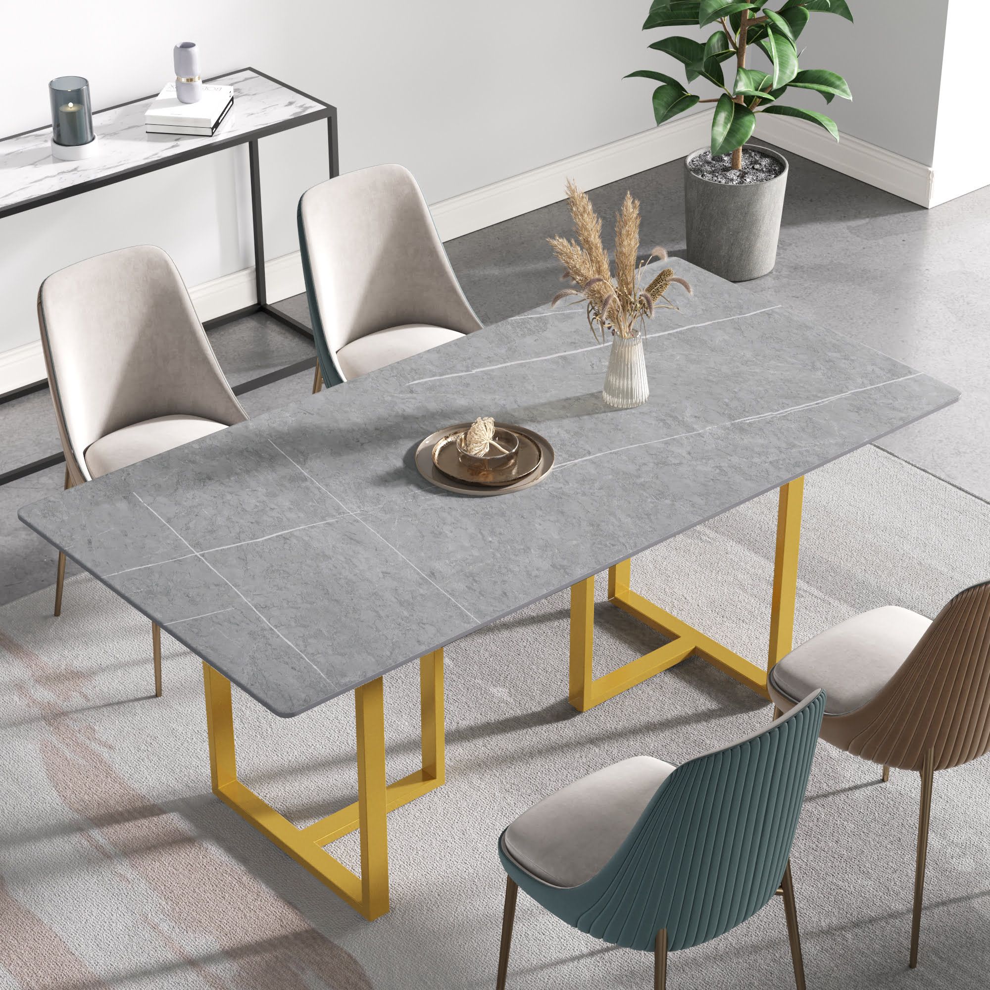 Crenus Trani Rectangular Dining Table - White/Gold, 63"