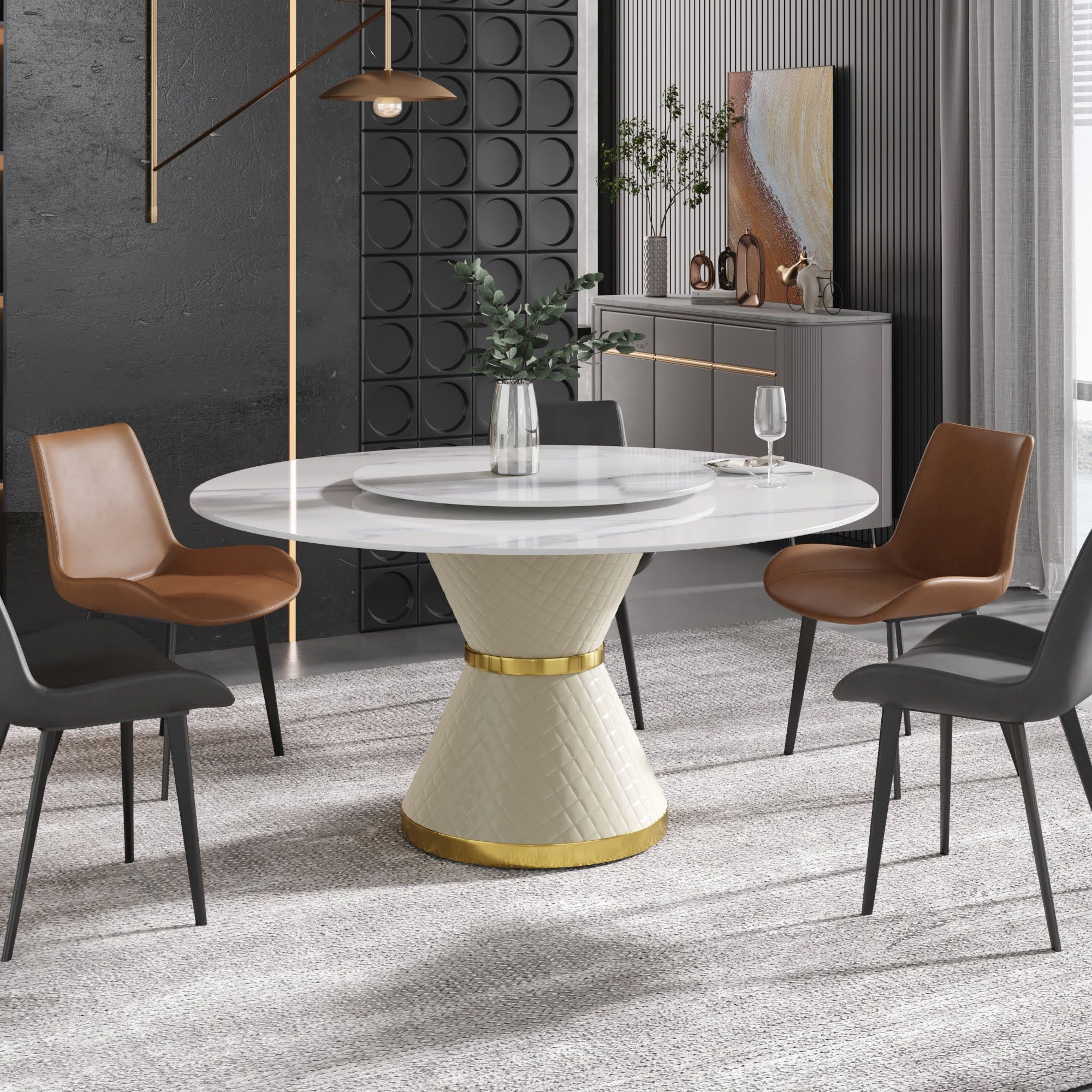 Crenus Raffinata Round Dining Table - White/Black, 59.05”