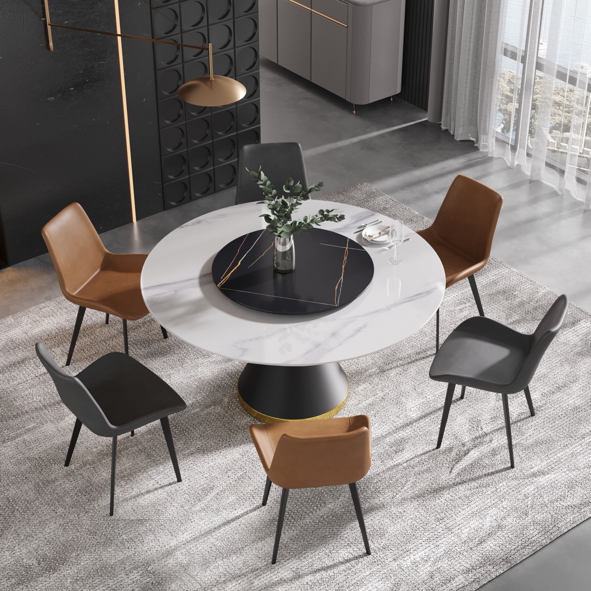 Crenus Raffinata Round Dining Table - White/Black, 59.05”