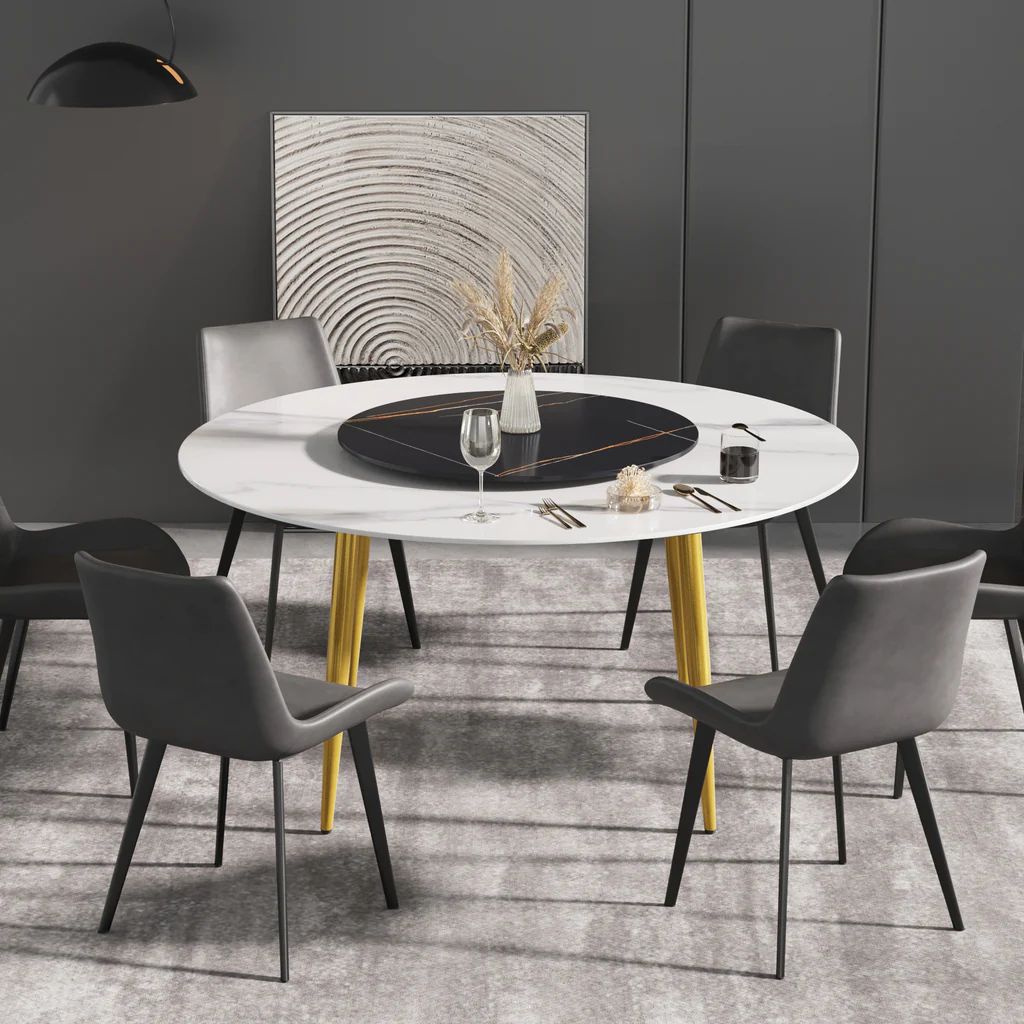 Crenus Lazy Sysan Round Dining Table - White/Gold, 53.15”
