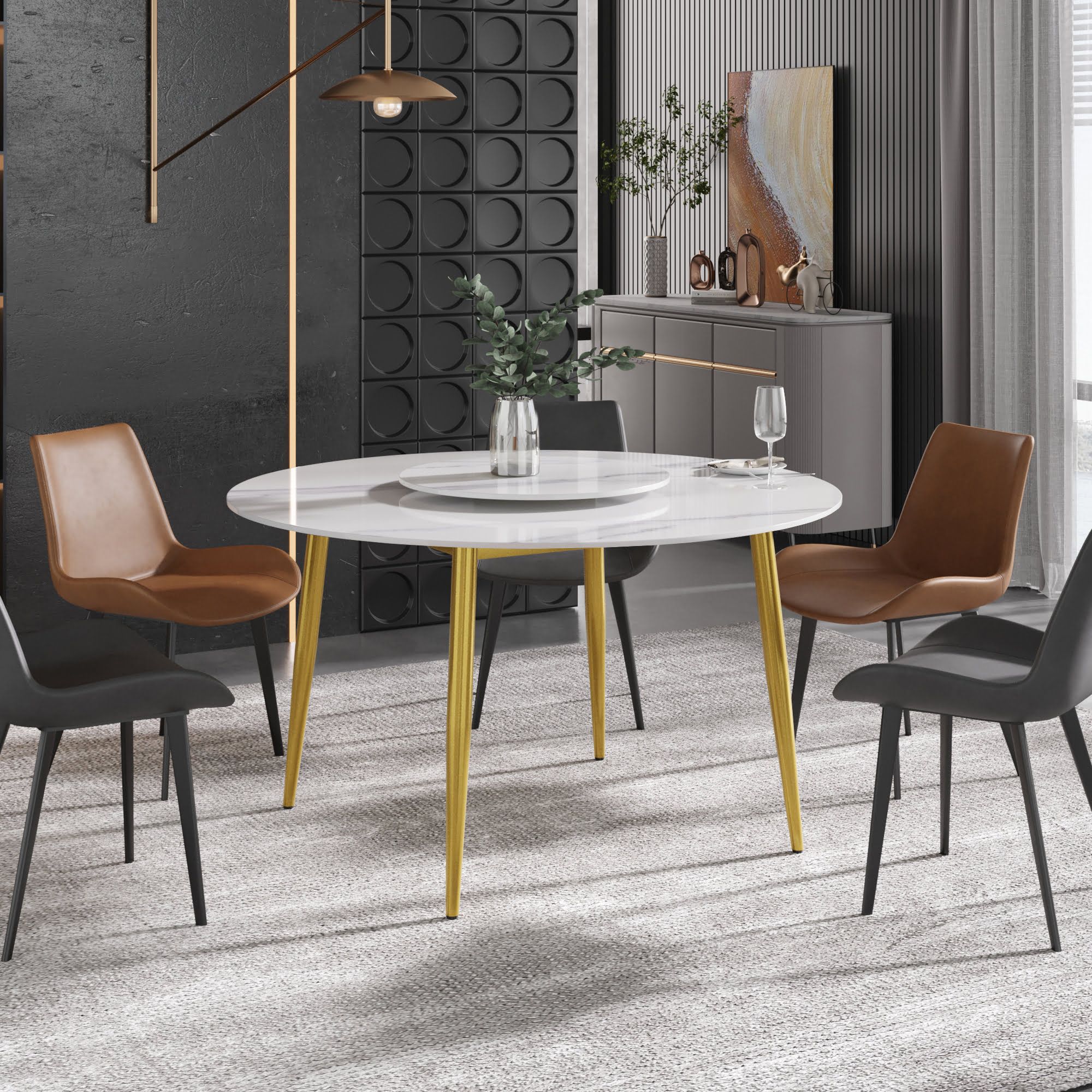 Crenus Lazy Sysan Round Dining Table - White/Gold, 53.15”