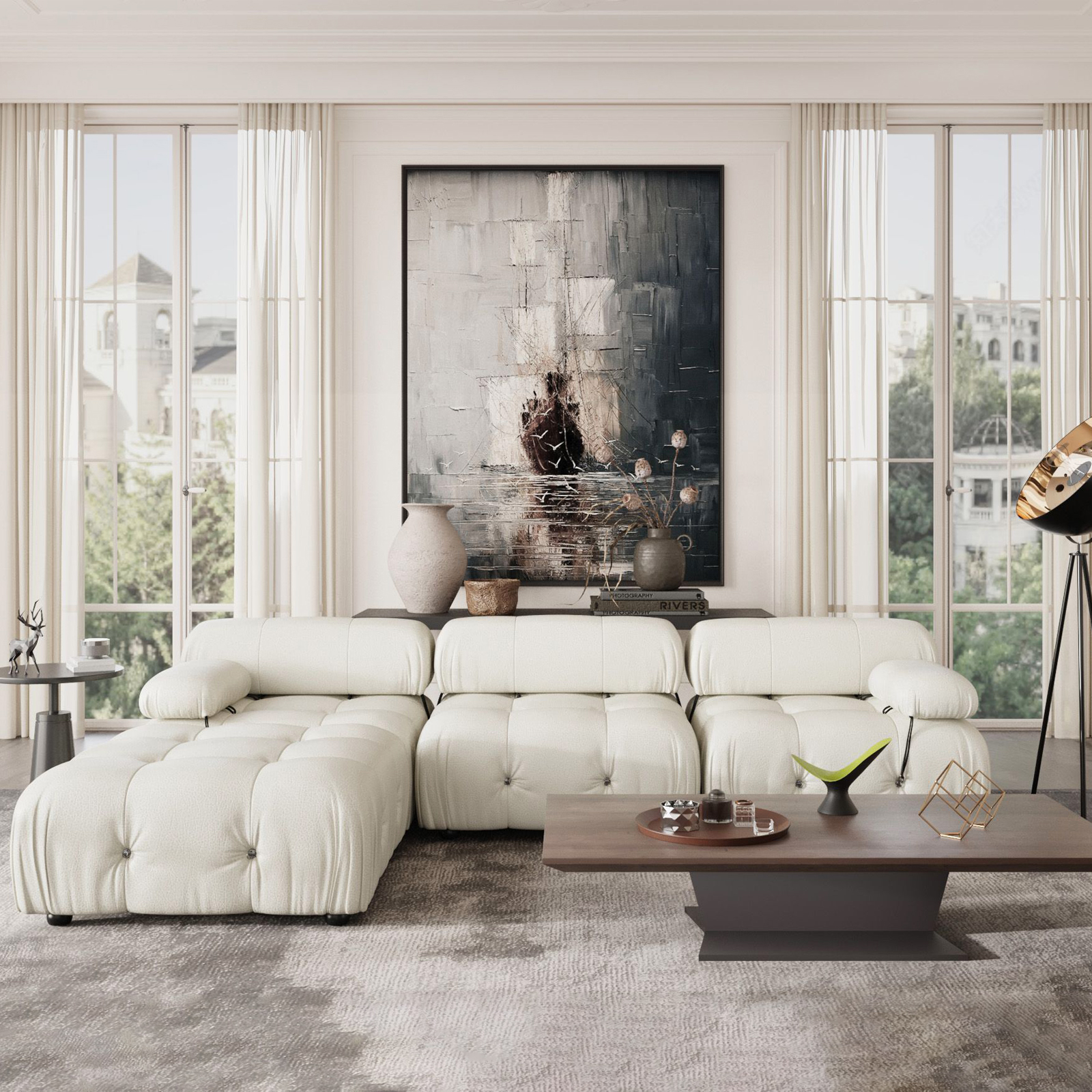 Crenus Lusso 103.95" 3-Seater Leather Sofa With Ottoman Water Resistant Anti scratch - Black
