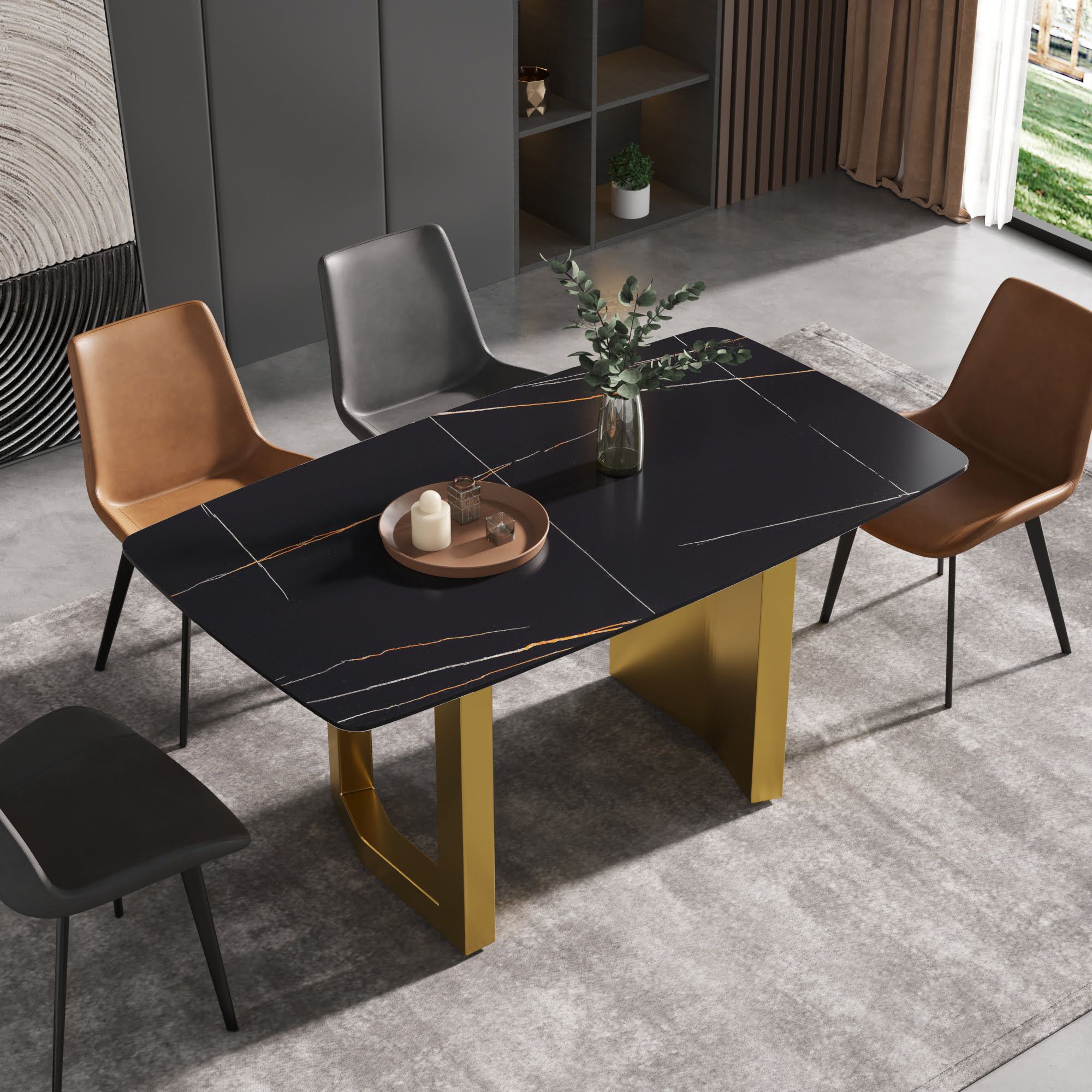 Crenus Basalto Curved Rectangular Dining Table - Pandora/Gold, 63"