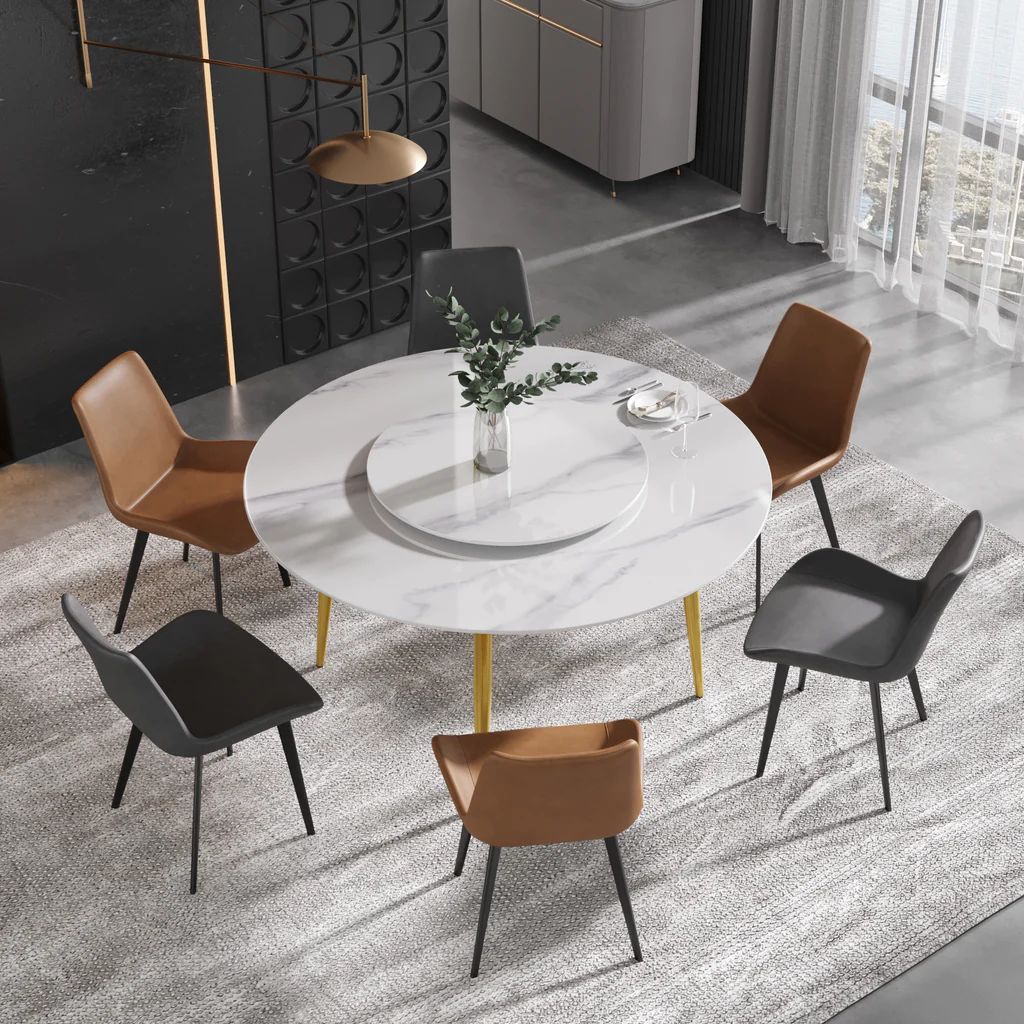 Crenus Round Dining Table with Black Lazy Susan - White/Gold, 53.15”