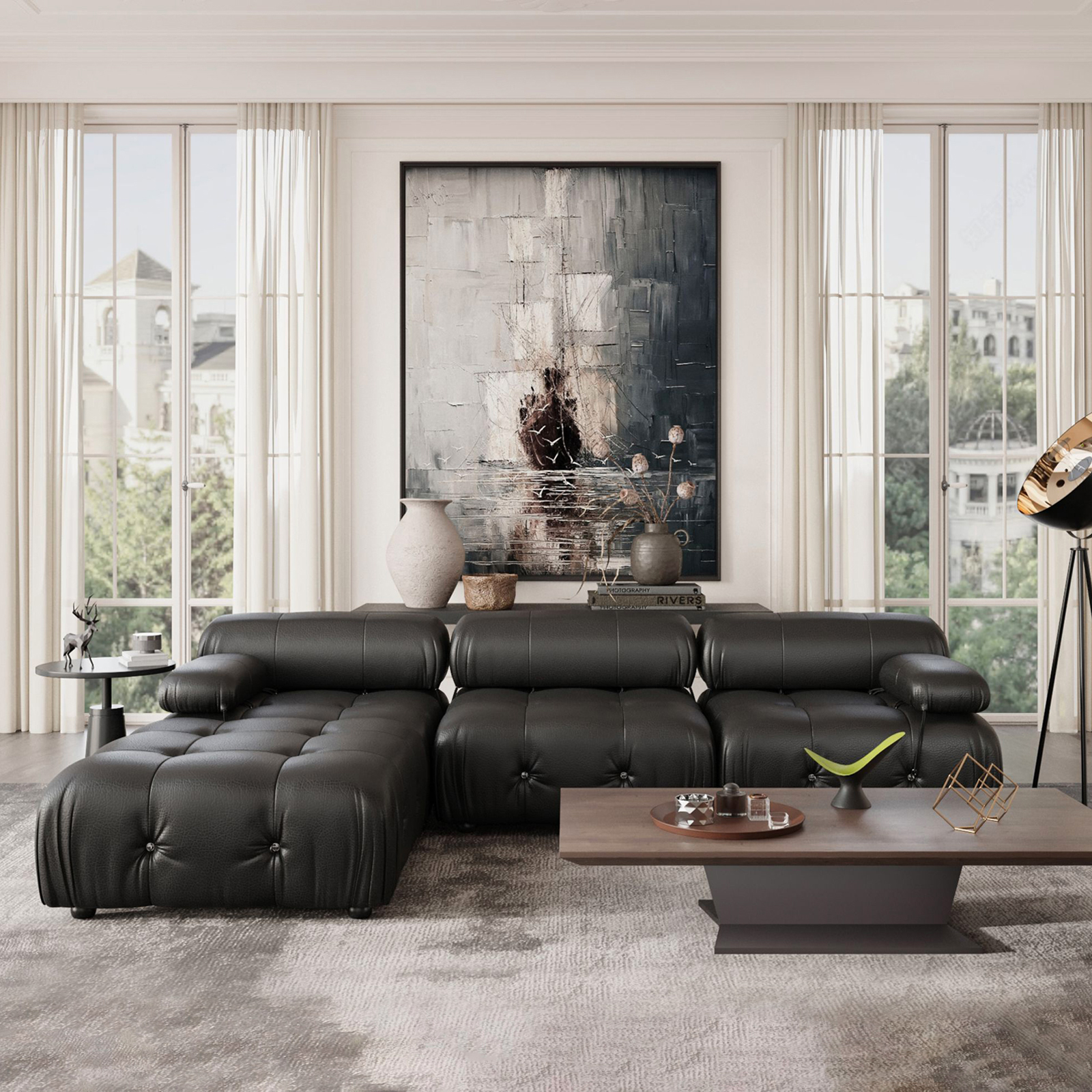 Crenus Lusso 103.95" 3-Seater Leather Sofa With Ottoman Water Resistant Anti scratch - Orange
