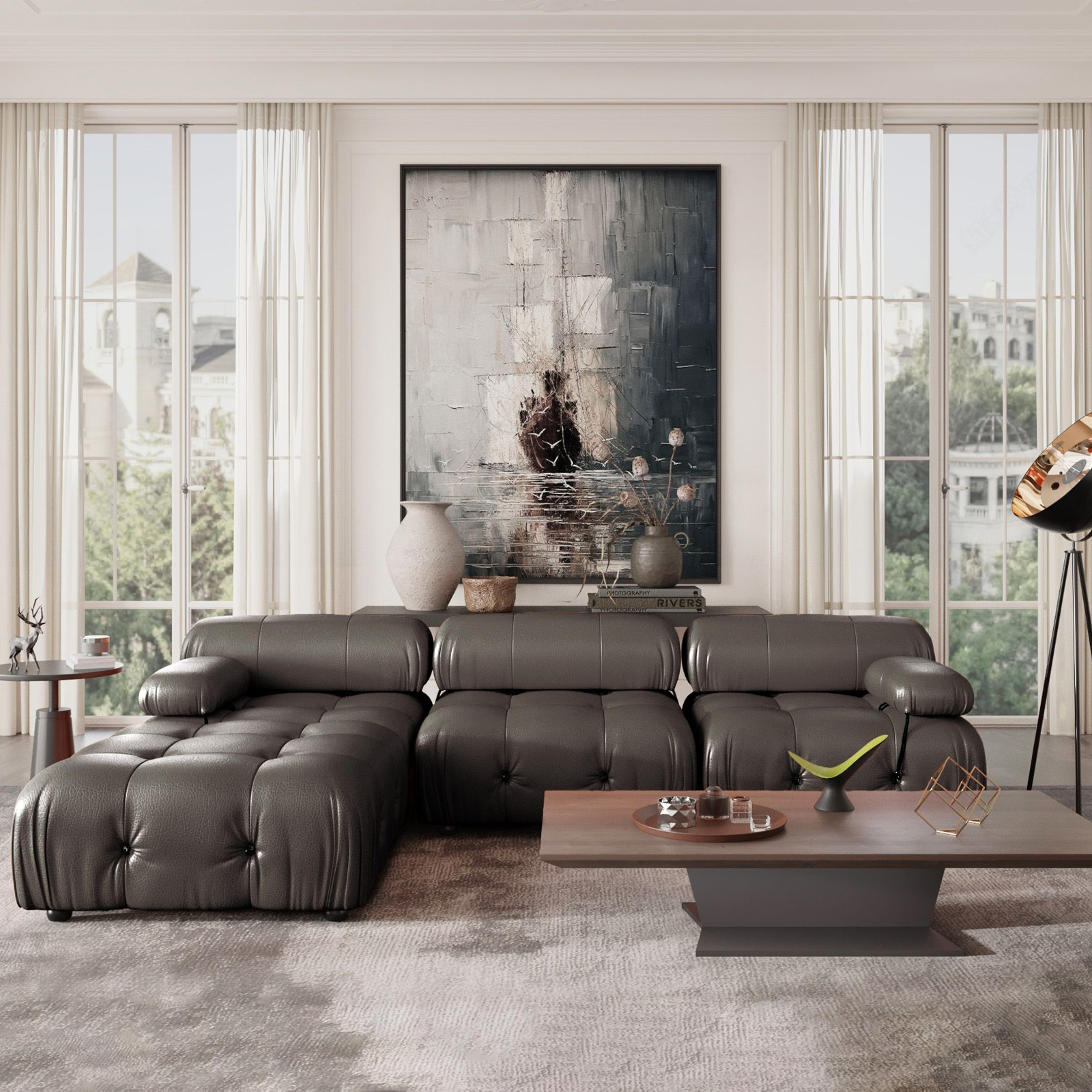 Crenus Lusso 103.95" 3-Seater Leather Sofa With Ottoman Water Resistant Anti scratch - Orange