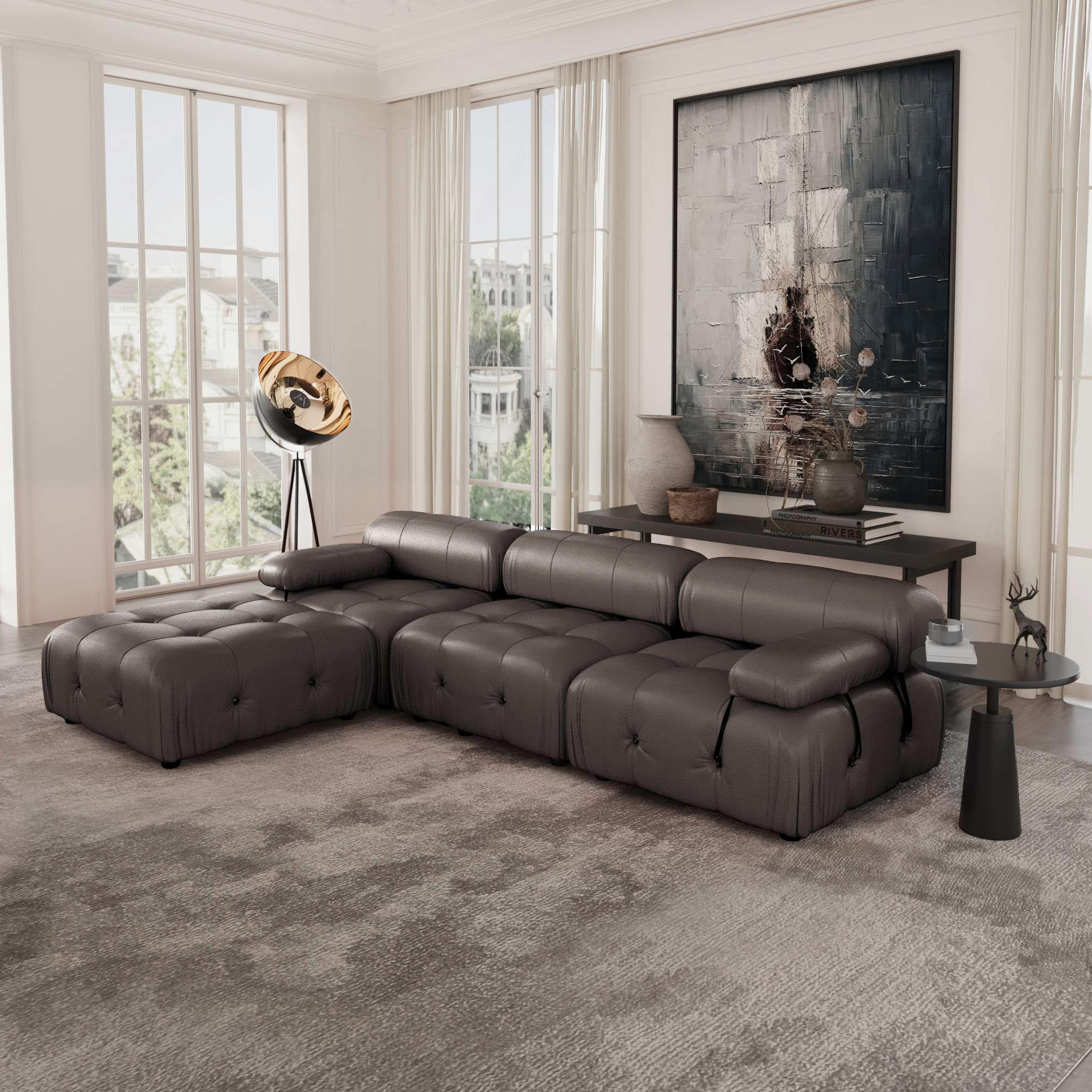 Crenus Lusso 103.95" 3-Seater Leather Sofa With Ottoman Water Resistant Anti scratch - Orange
