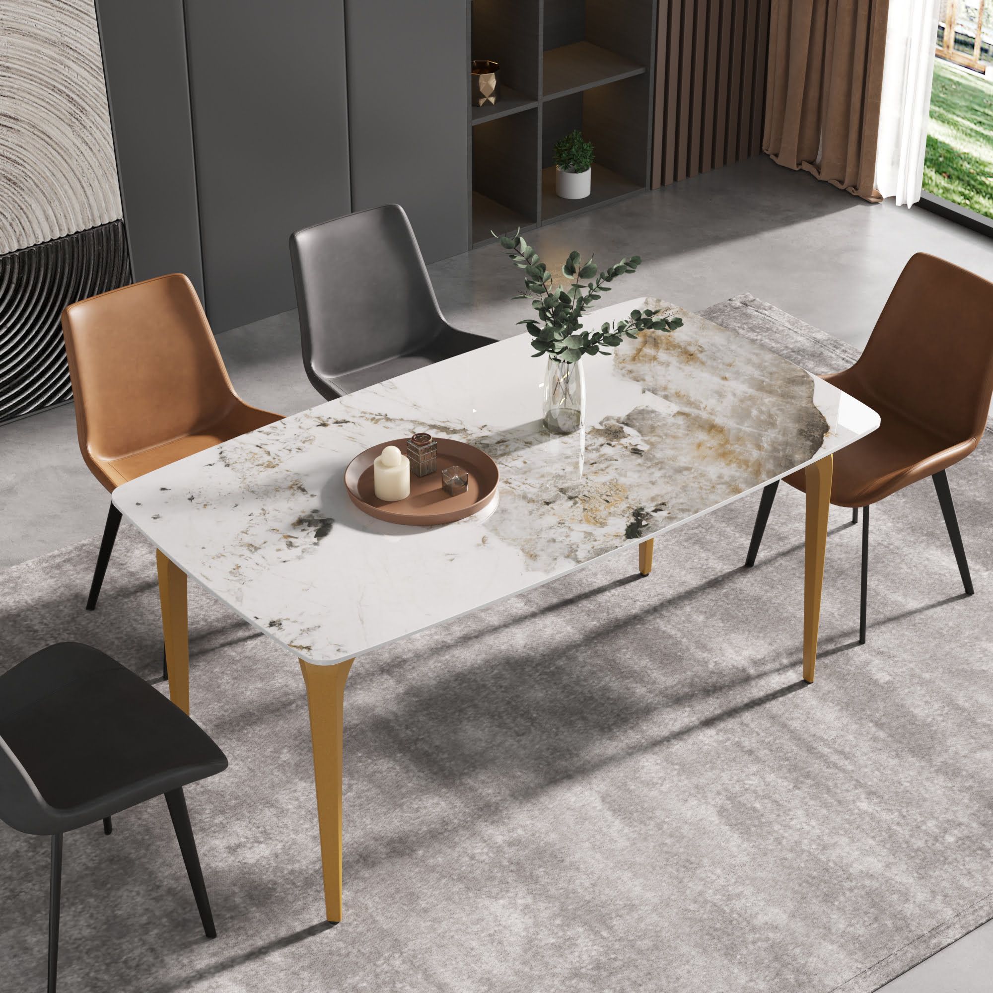 Crenus Sicilia Curved Rectangular Dining Table - Pandora/Gold, 63"