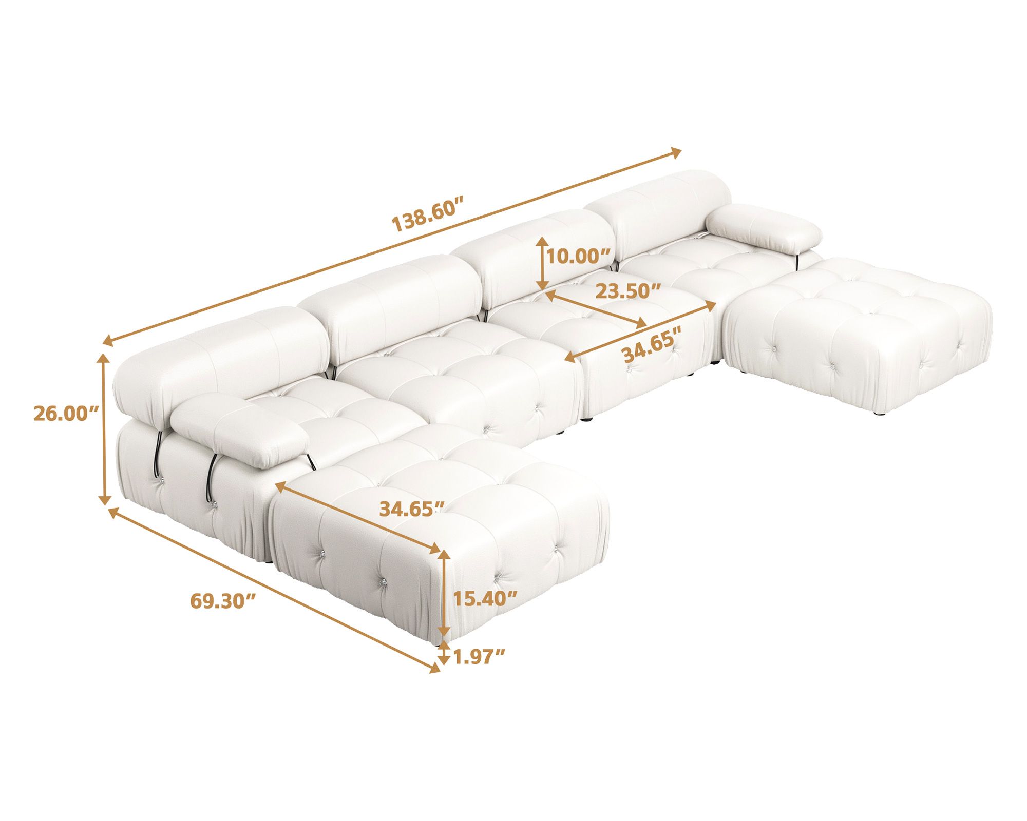 Crenus Lusso 138.60" U-Shaped Leather Sectional Sofa Lounge With 2 Ottomans - Brown