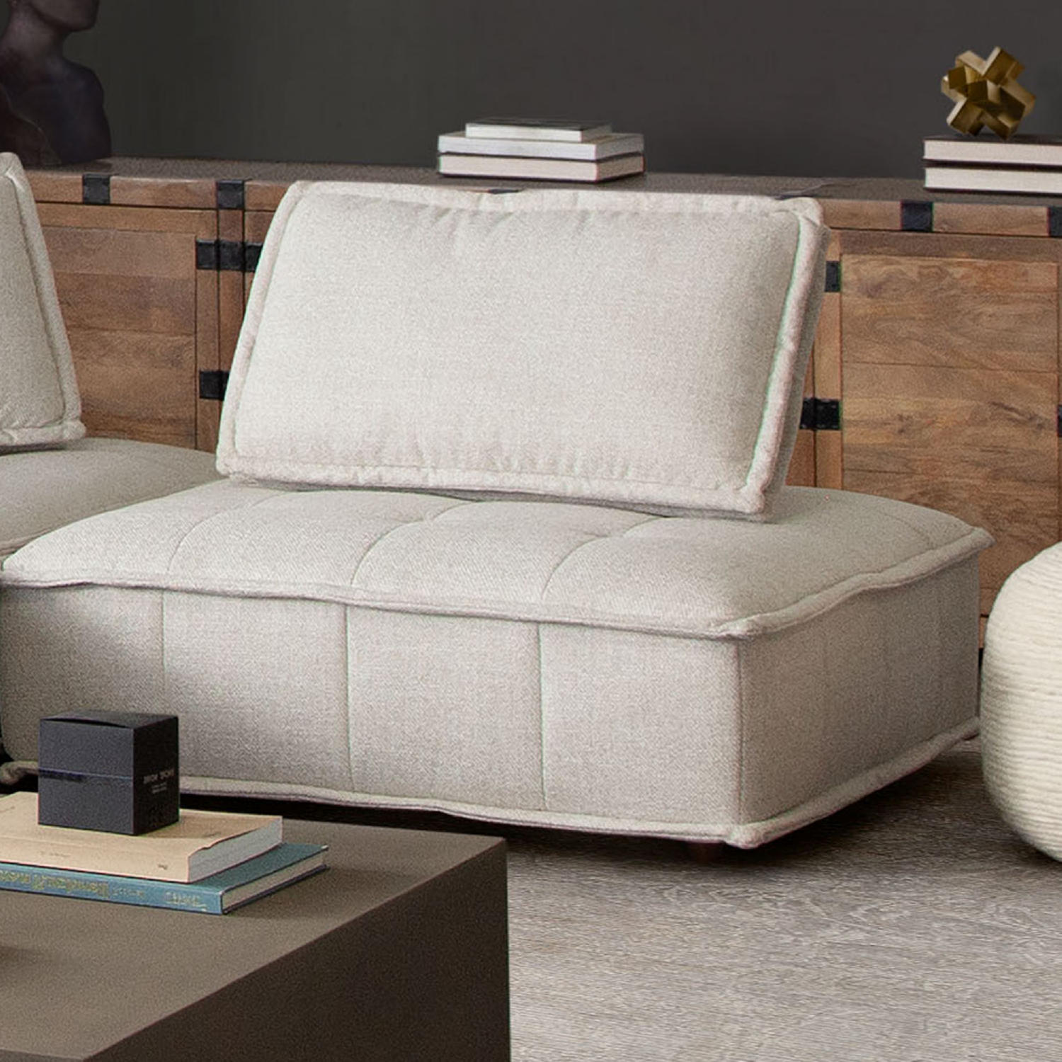 Diamond Sofa Platform Square Fabric Modular Lounger with Bolstered Non-Skid Backrest - Light Sand