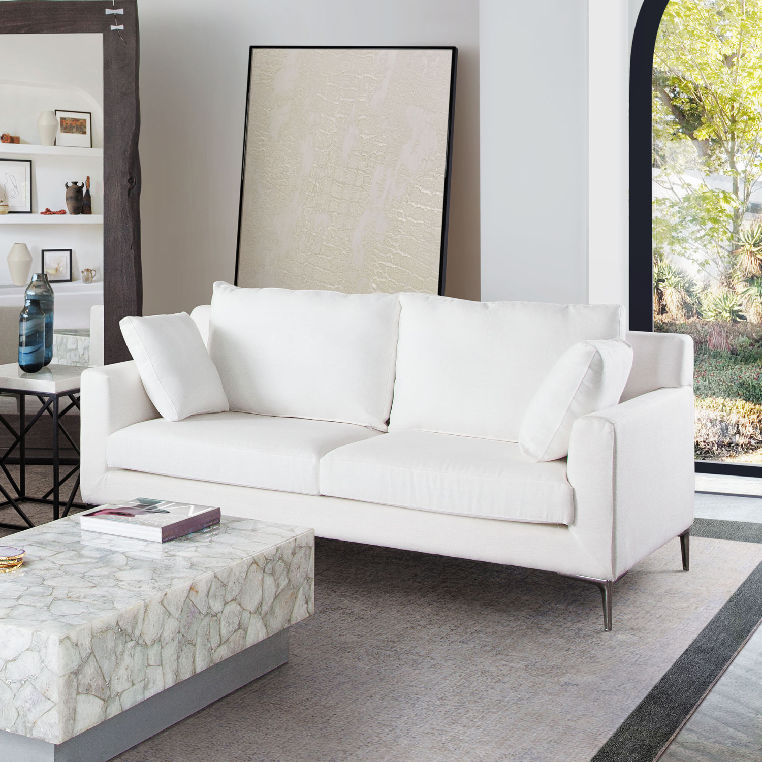 Diamond Sofa - Seattle Linen Loose Back Loveseat with Polished Silver Metal Leg in White