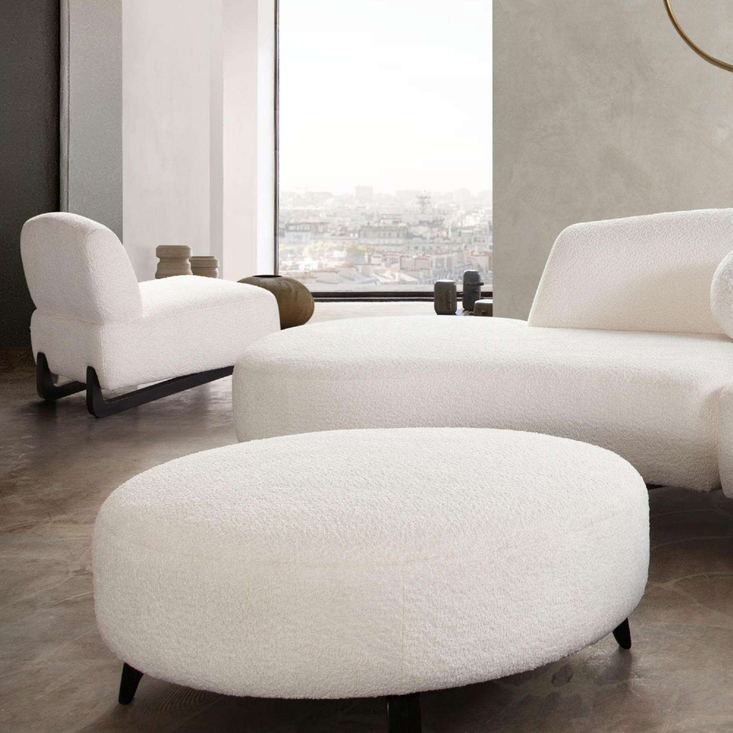 Diamond Sofa - Vesper Faux Shearling Round Ottoman with Black Wood Leg Base in White