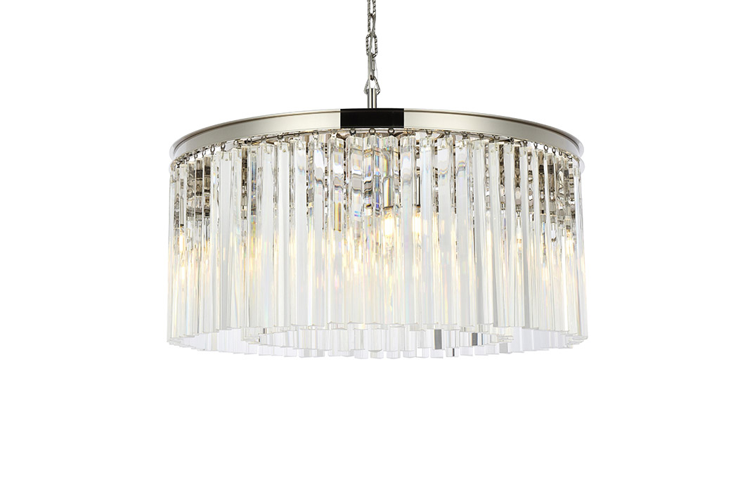Elegant Crystal Prism 6 Light Round Chandelier - Polished Nickel, L 31.5" (1208D31PN-RC)