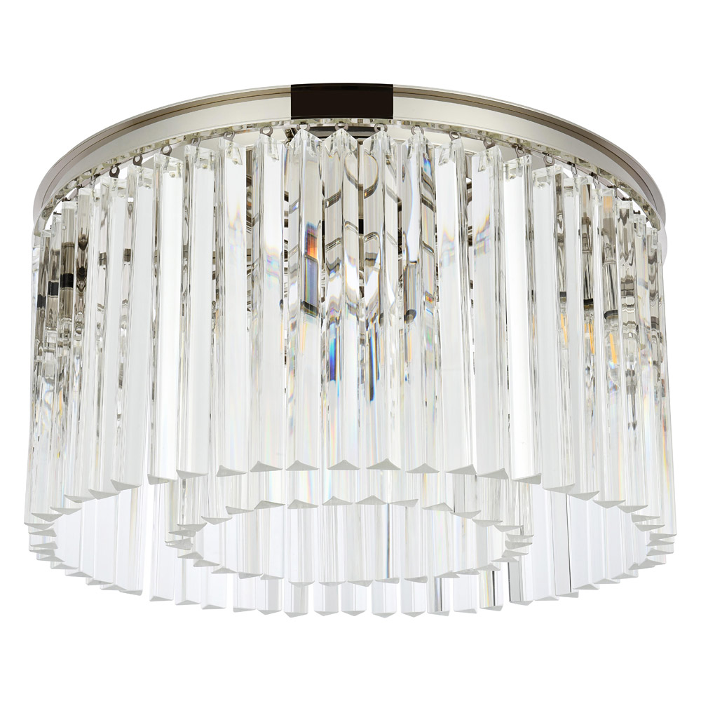Elegant Crystal Prism 6 Light Flush Mount - Polished Nickel, L 26" (1208F26PN-RC)