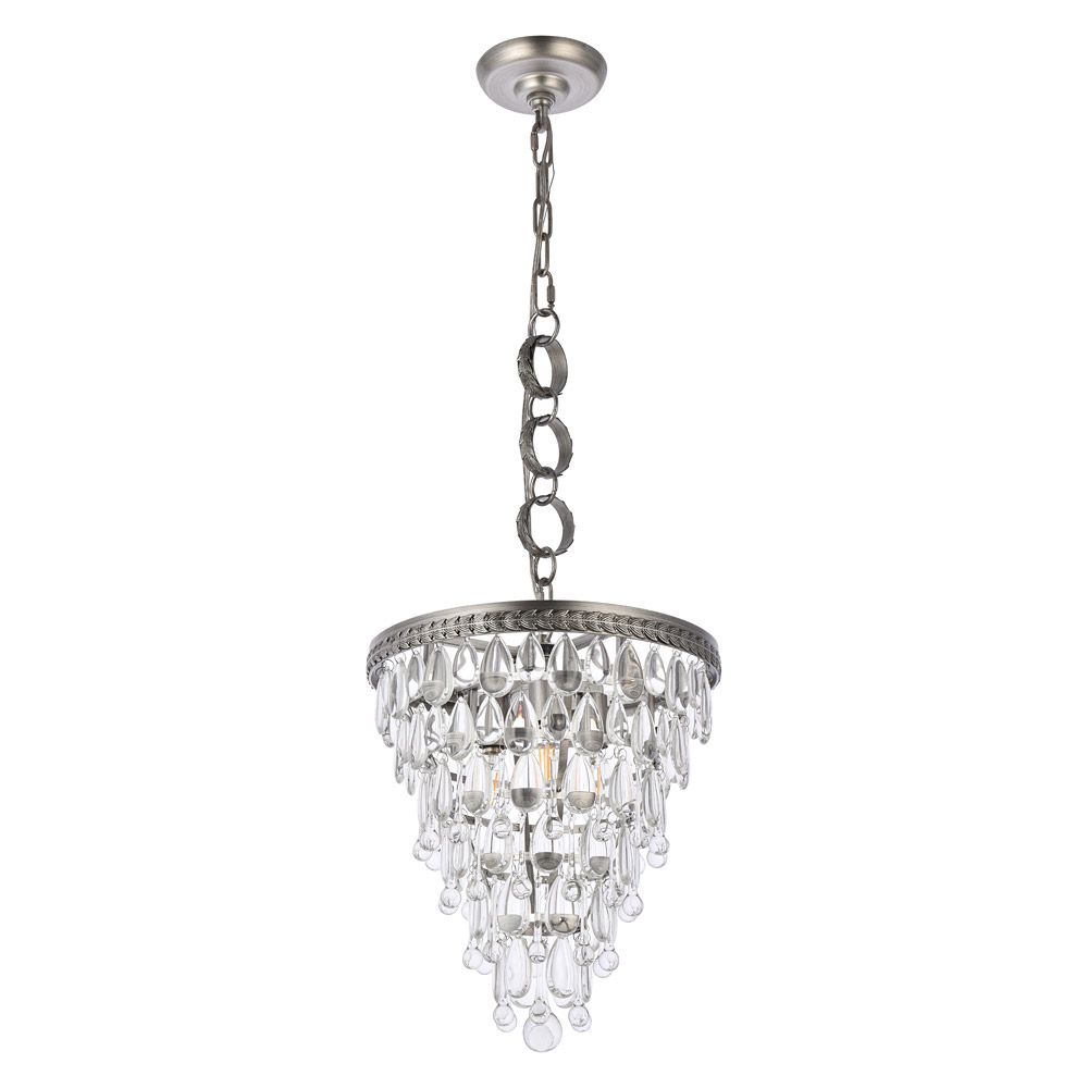 Elegant Teardrop Glass Chandelier 3 Light - Antique Silver, L 13" (1219D13AS-RC)