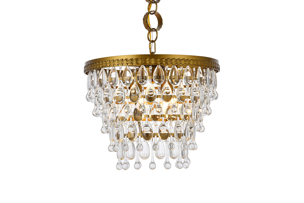 Elegant Teardrop Glass Chandelier 3 Light - Brass, L 16" (1219D16BR-RC)