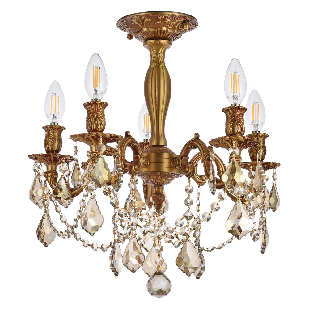 Elegant Chateau Design 5-Light 18'' Ceiling Mount - French Gold/Golden Teak (9205F18FG-GT-RC)