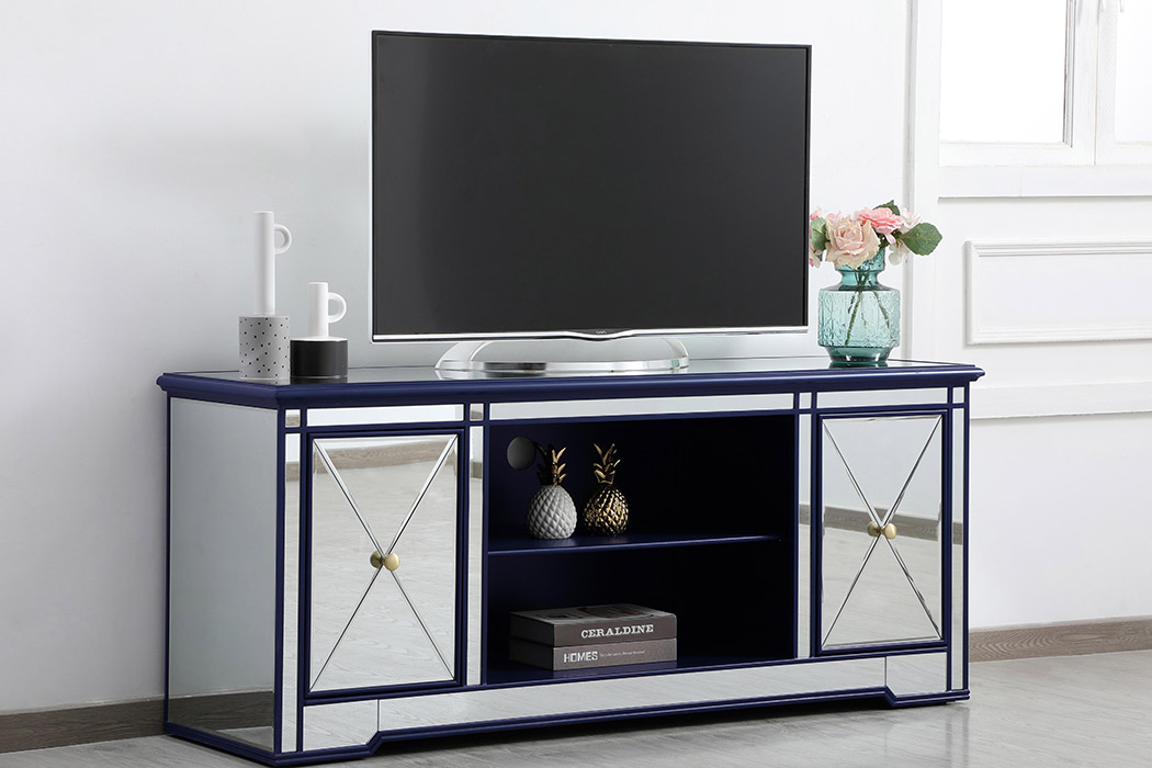 Elegant Modern 60" Mirrored TV Stand with Crystal Fireplace - Blue (MF60160BL)