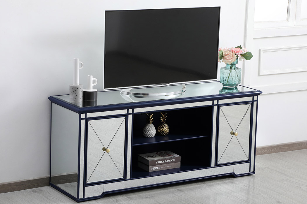 Elegant Modern 60" Mirrored TV Stand with Crystal Fireplace - Blue (MF60160BL)