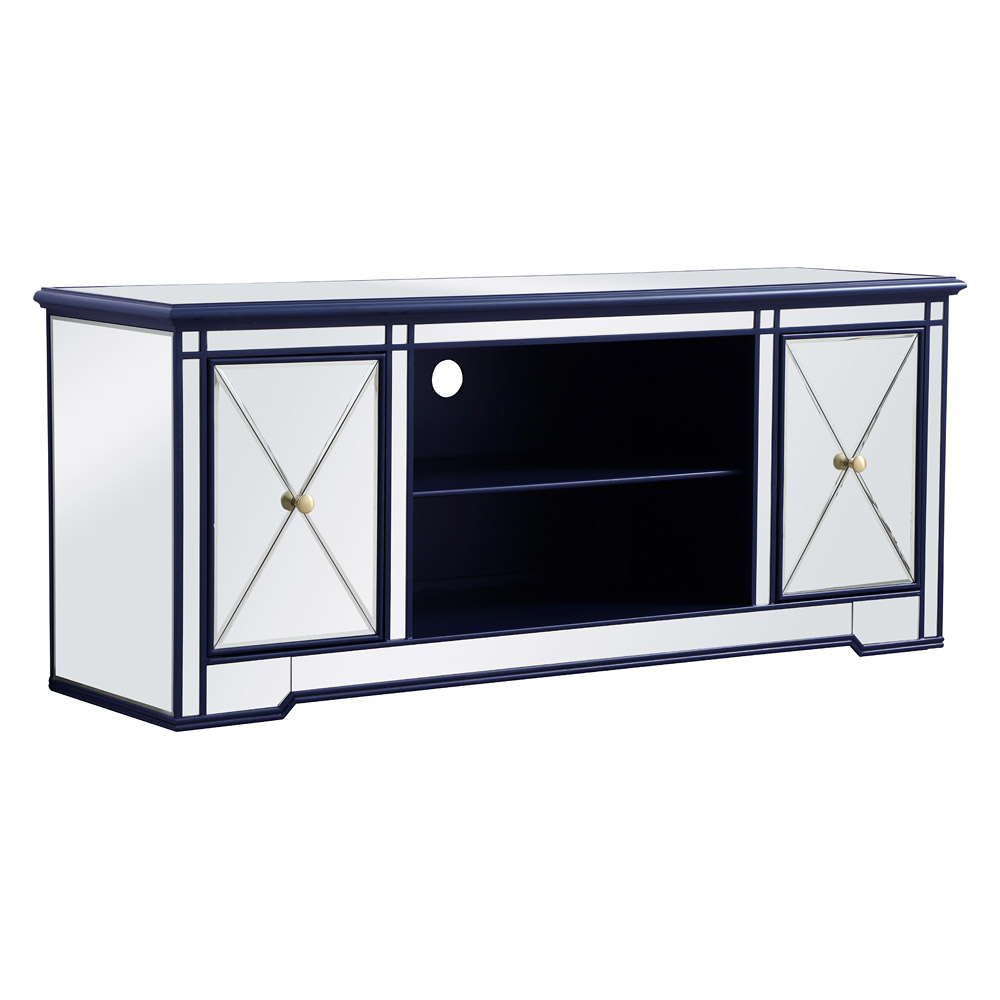 Elegant Modern 60" Mirrored TV Stand with Crystal Fireplace - Blue (MF60160BL)