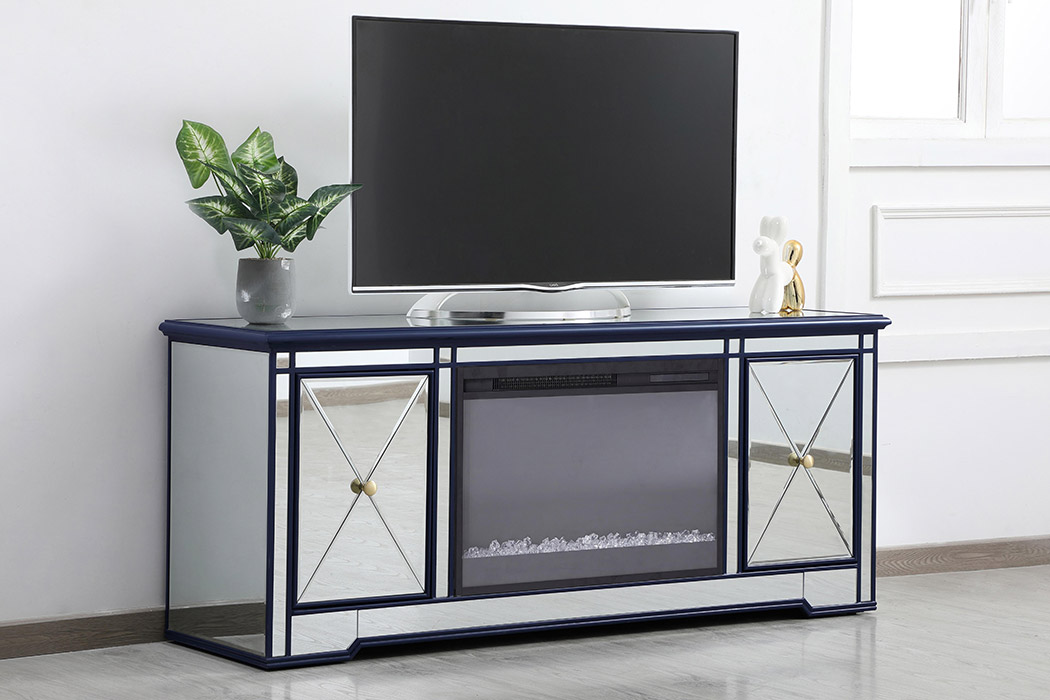 Elegant Modern 60" Mirrored TV Stand with Crystal Fireplace - Blue (MF60160BL-F2)