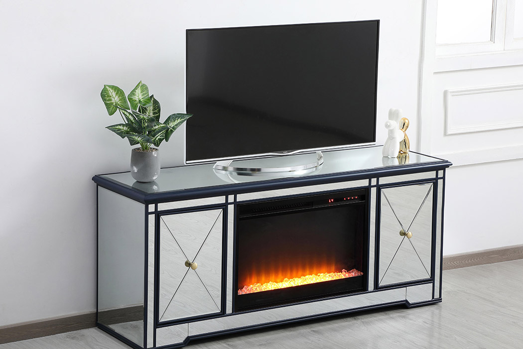 Elegant Modern 60" Mirrored TV Stand with Crystal Fireplace - Blue (MF60160BL-F2)