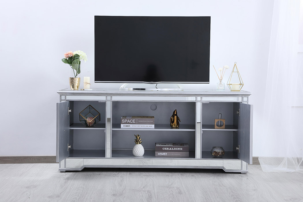 Elegant 60" Mirrored TV Stand with Wood Fireplace Insert - Silver (MF601S)