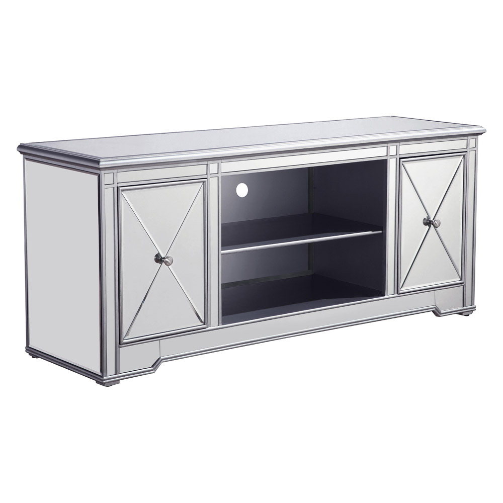 Elegant 60" Mirrored TV Stand with Wood Fireplace Insert - Silver (MF601S)
